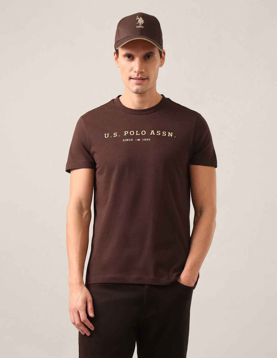 Image of U.S. POLO ASSN. Graphic Print Men Round Neck Brown T-Shirt