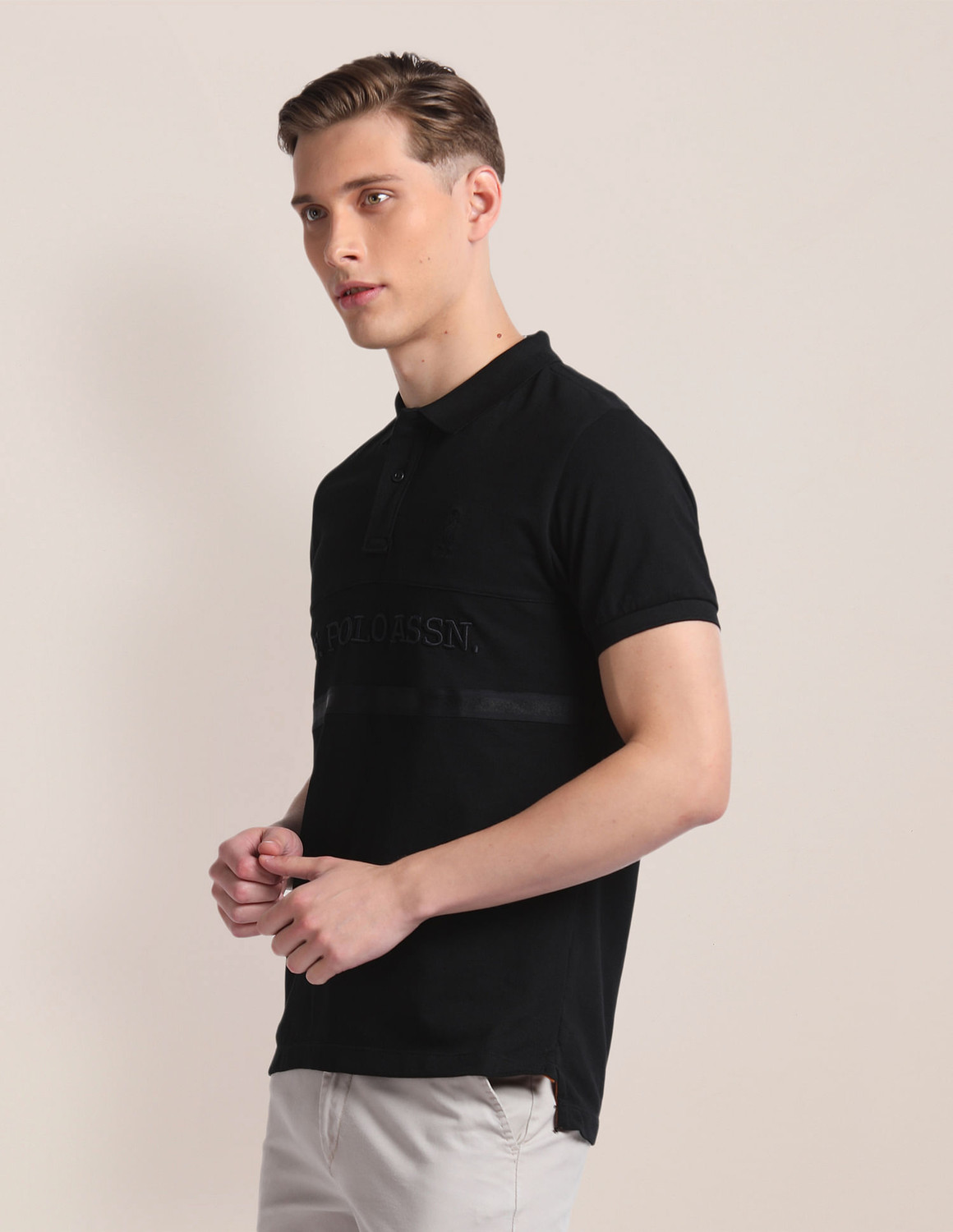 Image of U.S. POLO ASSN. Solid Men Polo Neck Black T-Shirt