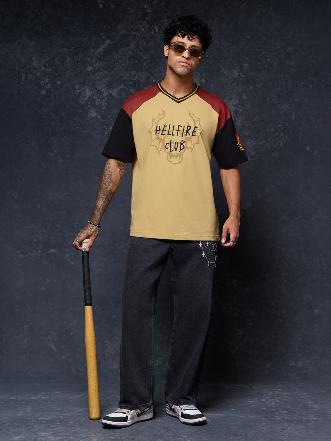 Image of The Souled Store Graphic Print Men V Neck Beige T-Shirt