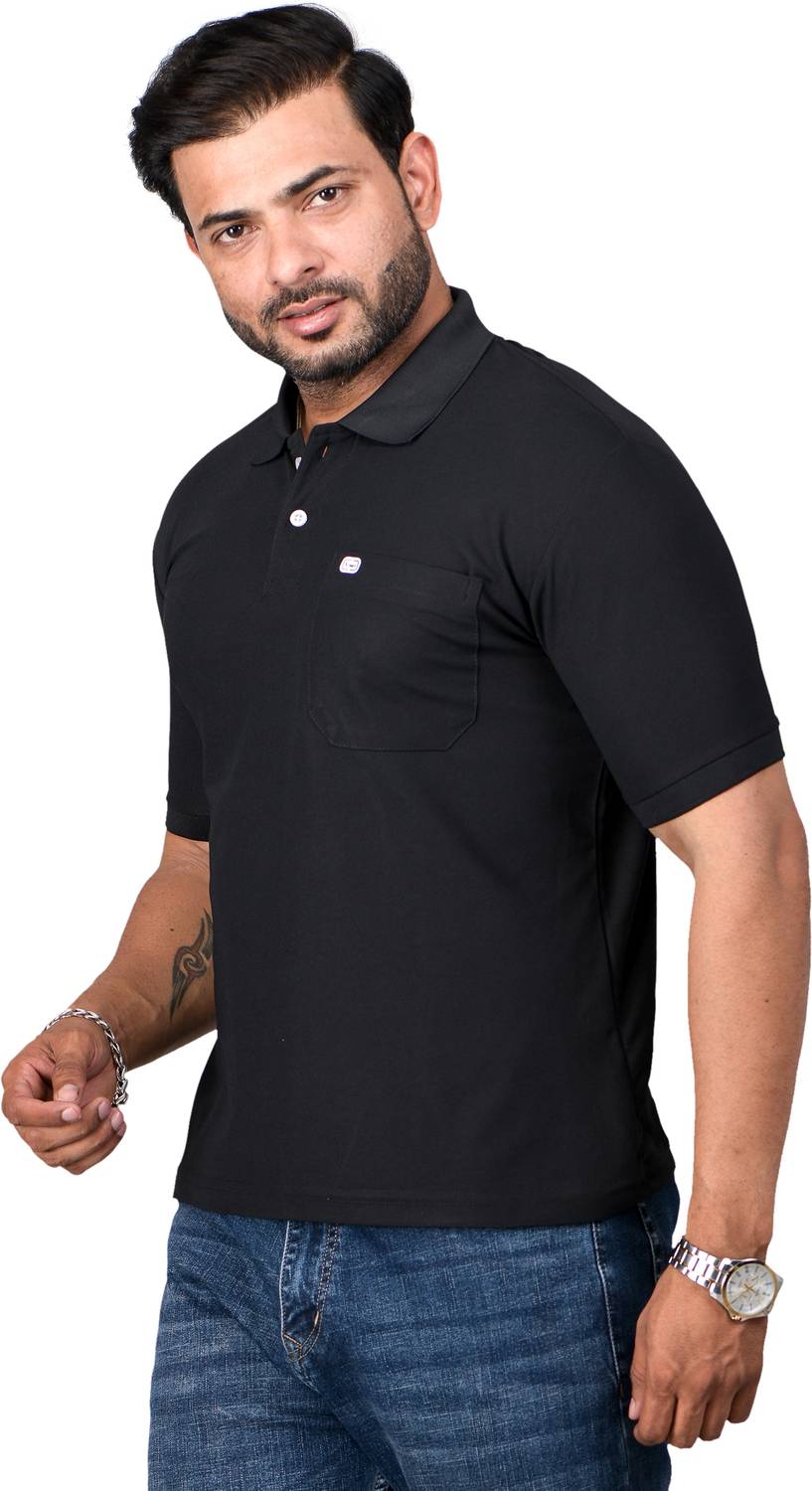 VNAV Men Printed Polo Neck Polycotton Black T-Shirt