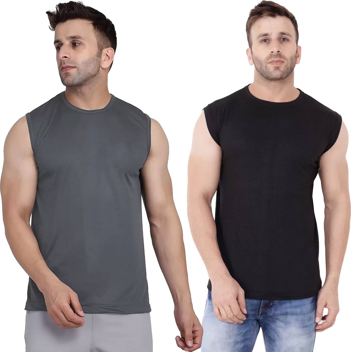 Jangoboy Pack of 2 Men Solid Round Neck Polyester Grey, Black T-S