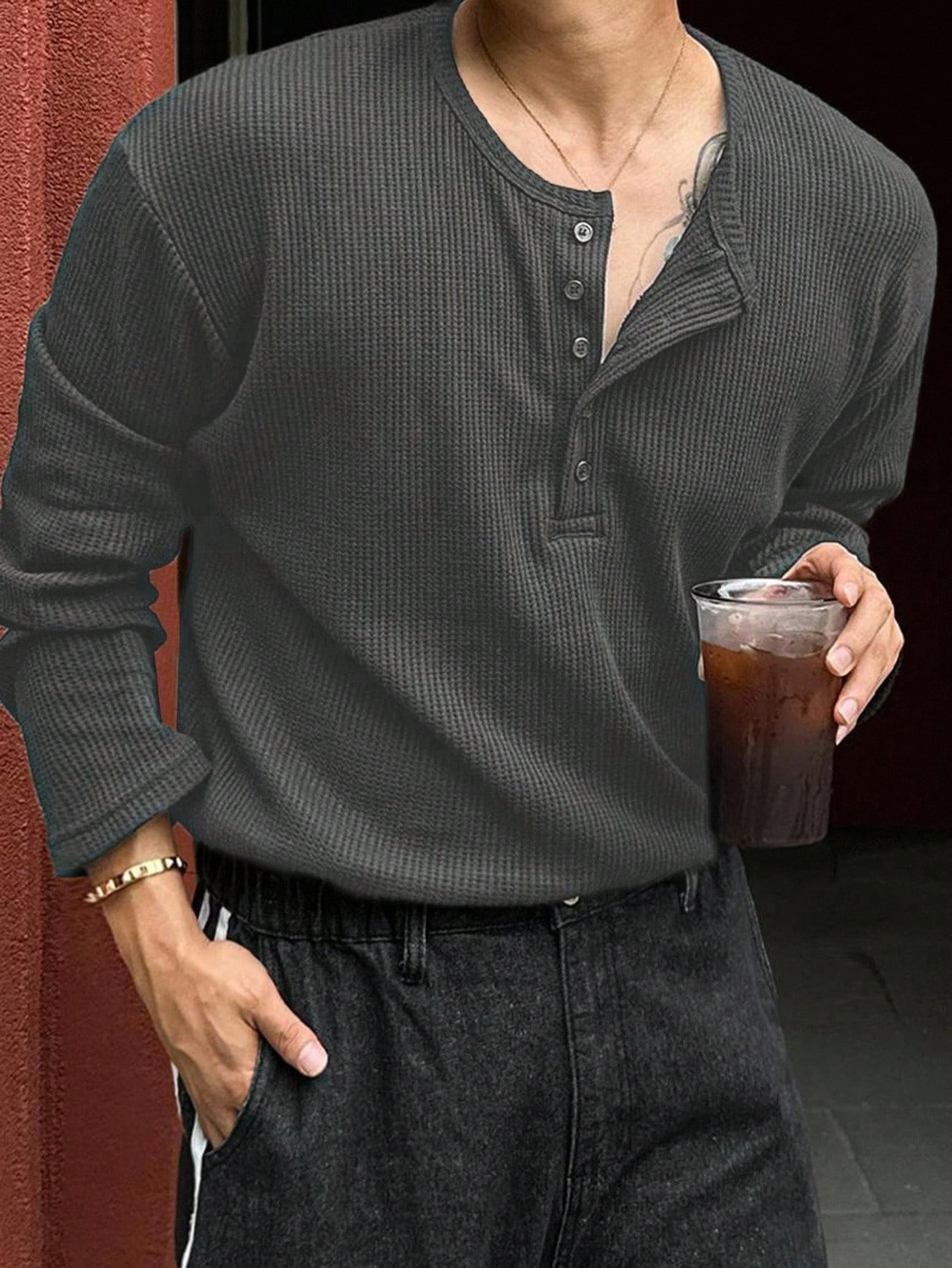 Image of HeraDawn Striped Men Henley Neck Grey T-Shirt