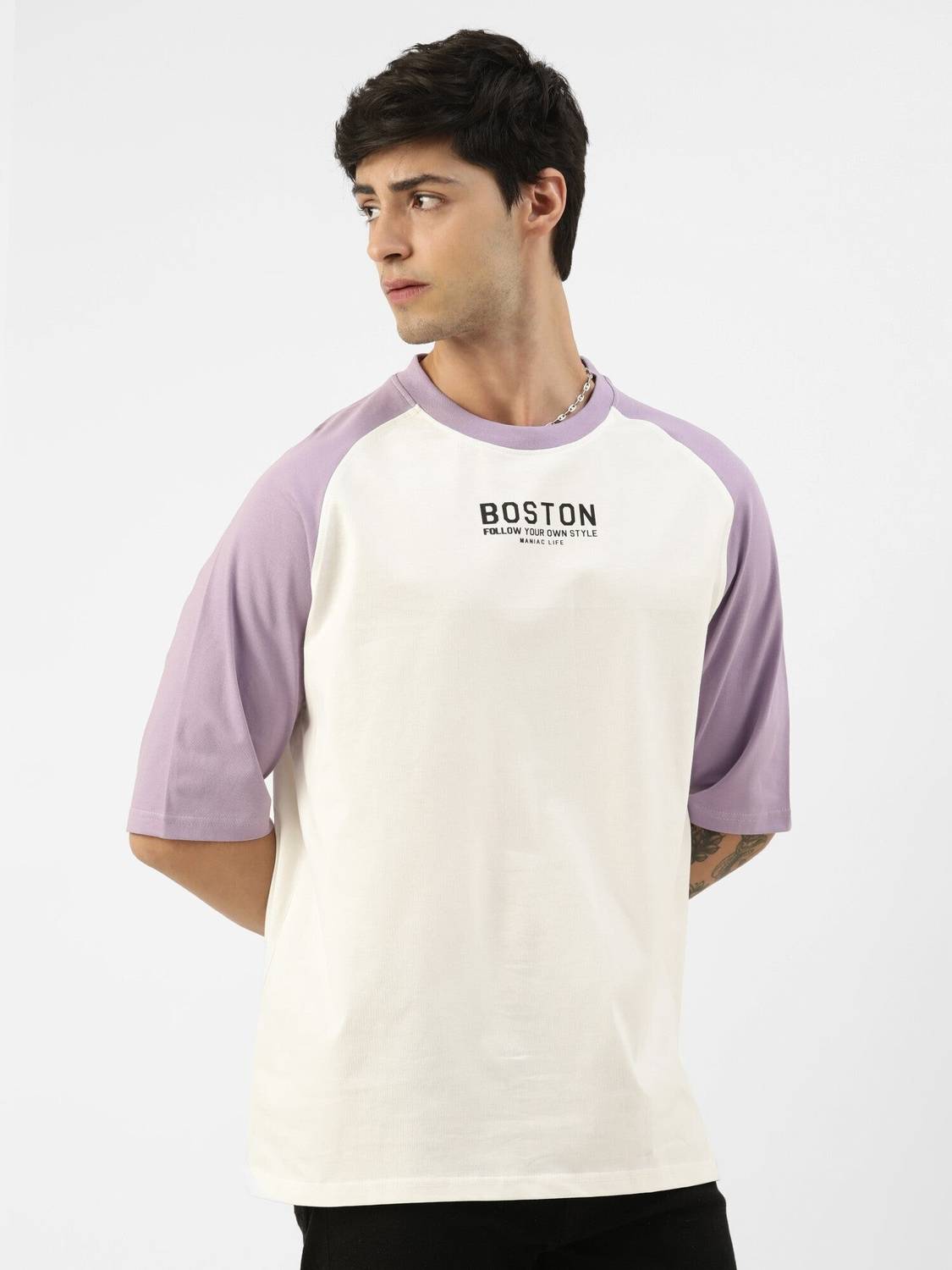 MANIAC Men Typography Round Neck Pure Cotton Purple, White T-Shir