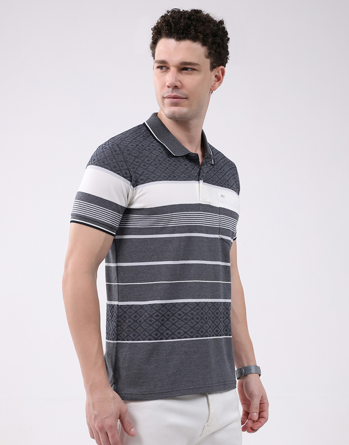 Image of MONTE CARLO Striped Men Polo Neck Grey T-Shirt