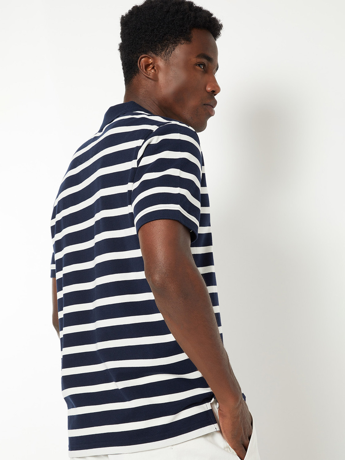 Image of MAX Striped Men Polo Neck Blue T-Shirt