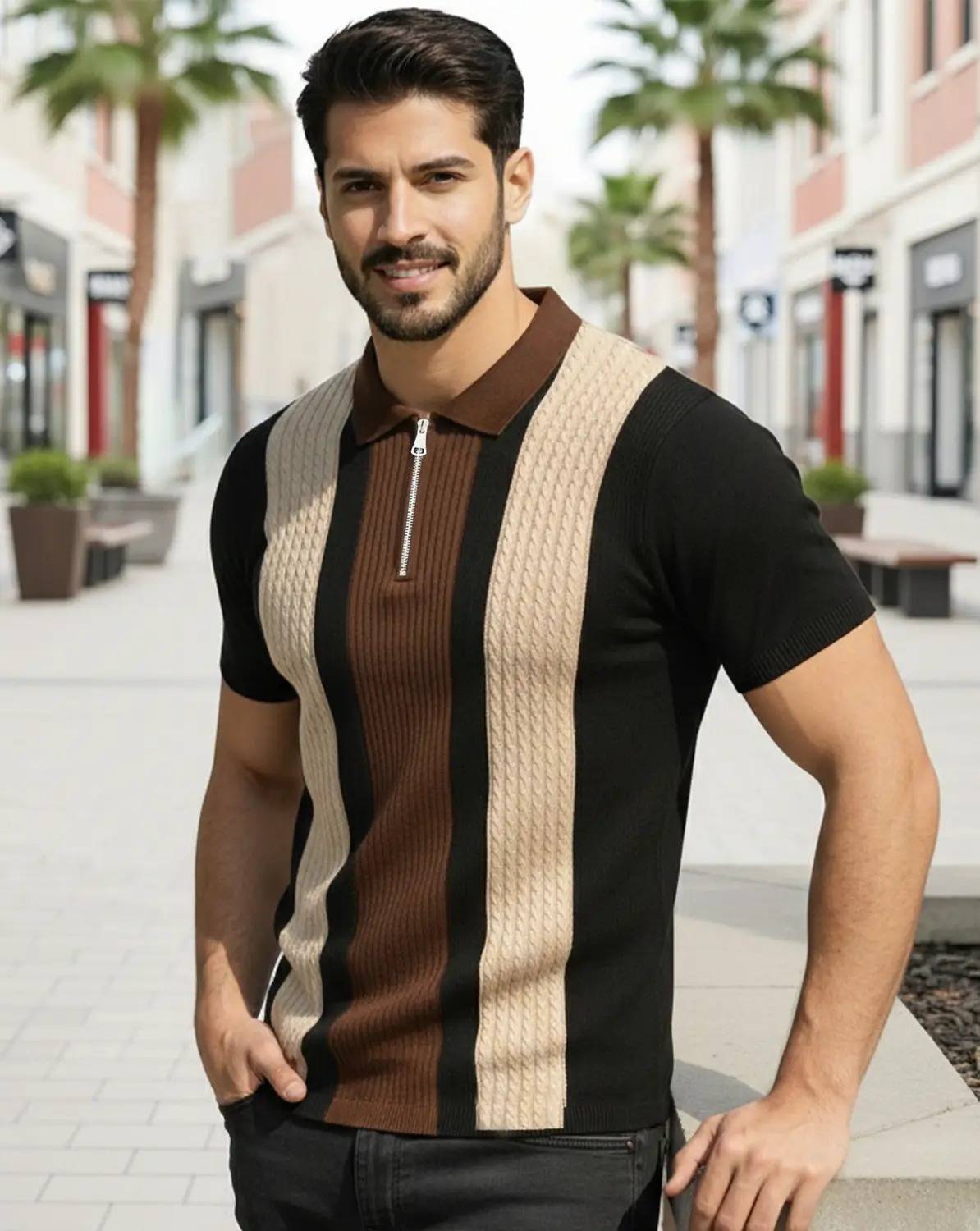 KAJARU Colorblock Men Zip Neck Beige T-Shirt - Image 3