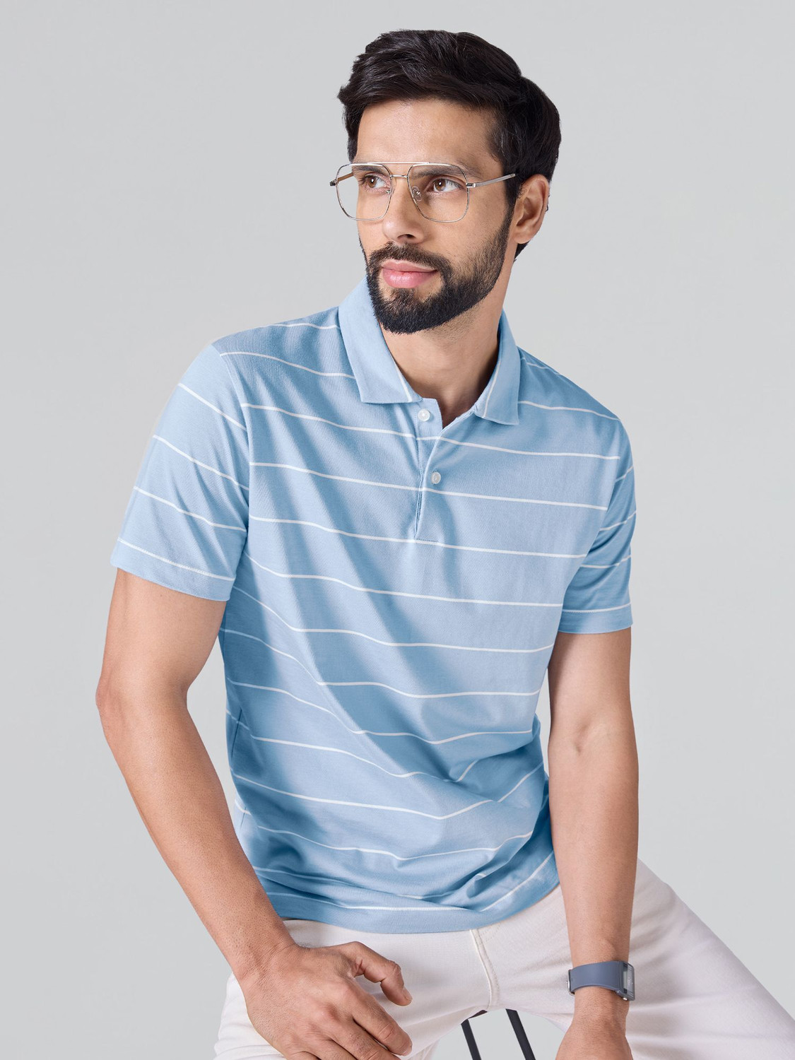 Image of XYXX Striped Men Polo Neck Blue T-Shirt