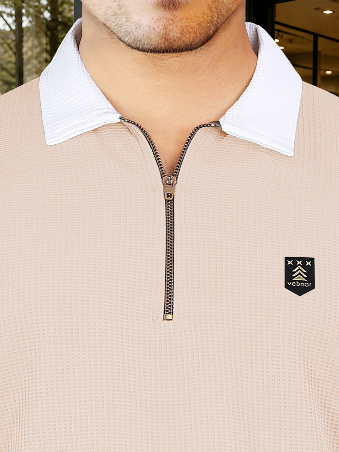 Image of VeBNoR Colorblock Men Zip Neck Beige T-Shirt
