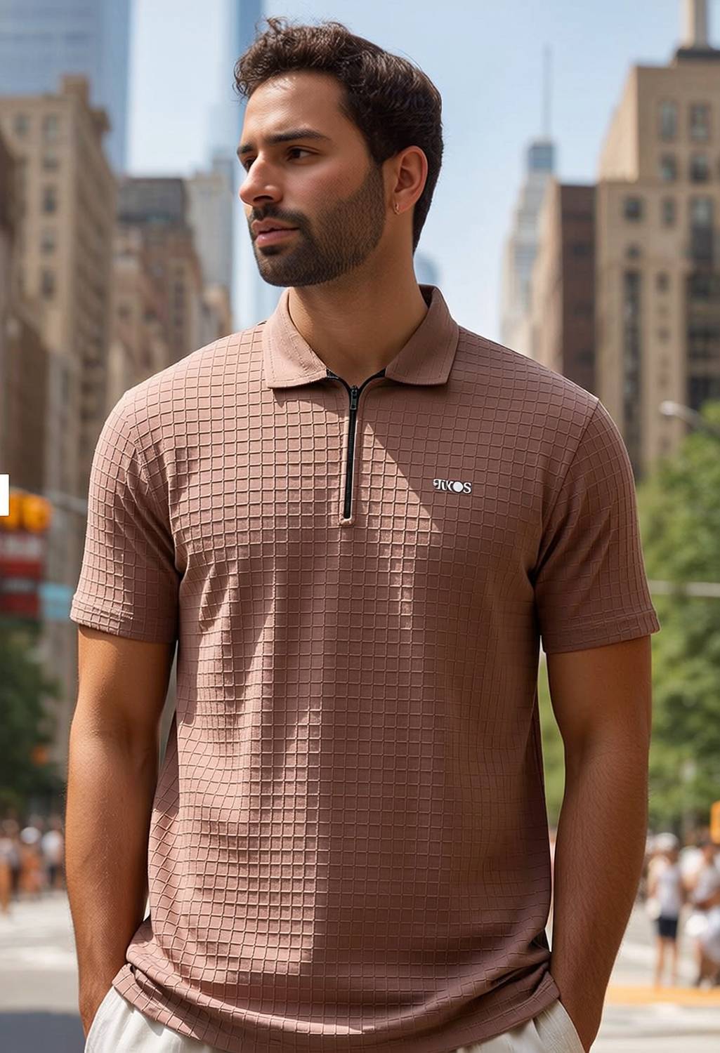 3BROS Men Self Design Polo Neck Polycotton Brown T-Shirt