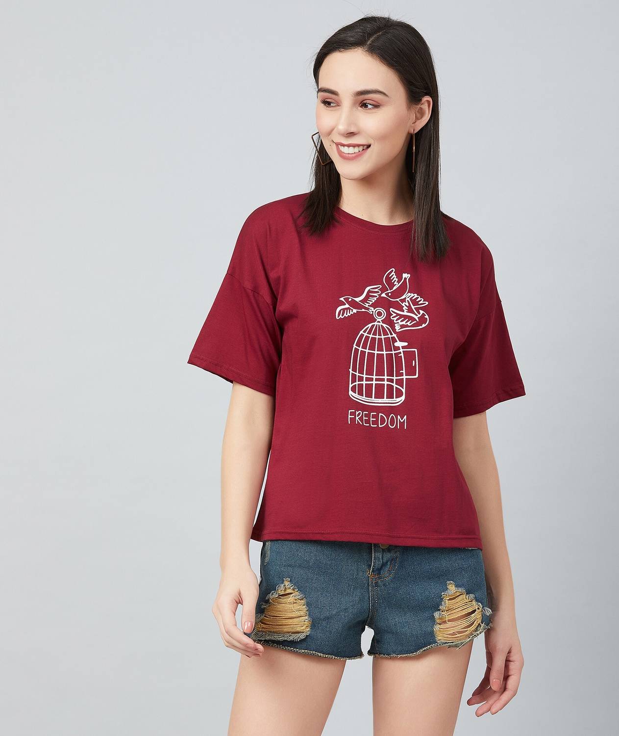 Chimpaaanzee Printed Women Round Neck Maroon T-Shirt