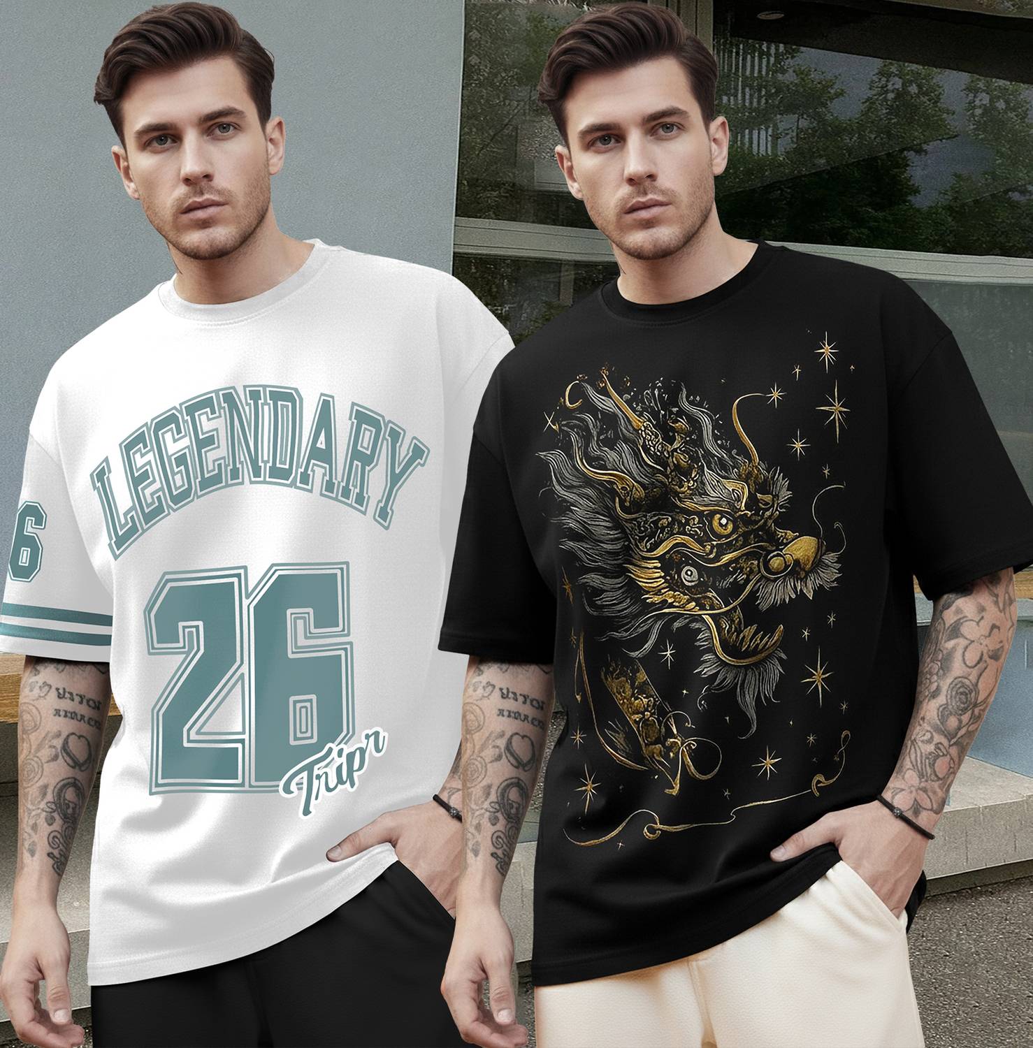 TRIPR Pack of 2 Oversized Men Printed Round Neck Cotton Blend Whi