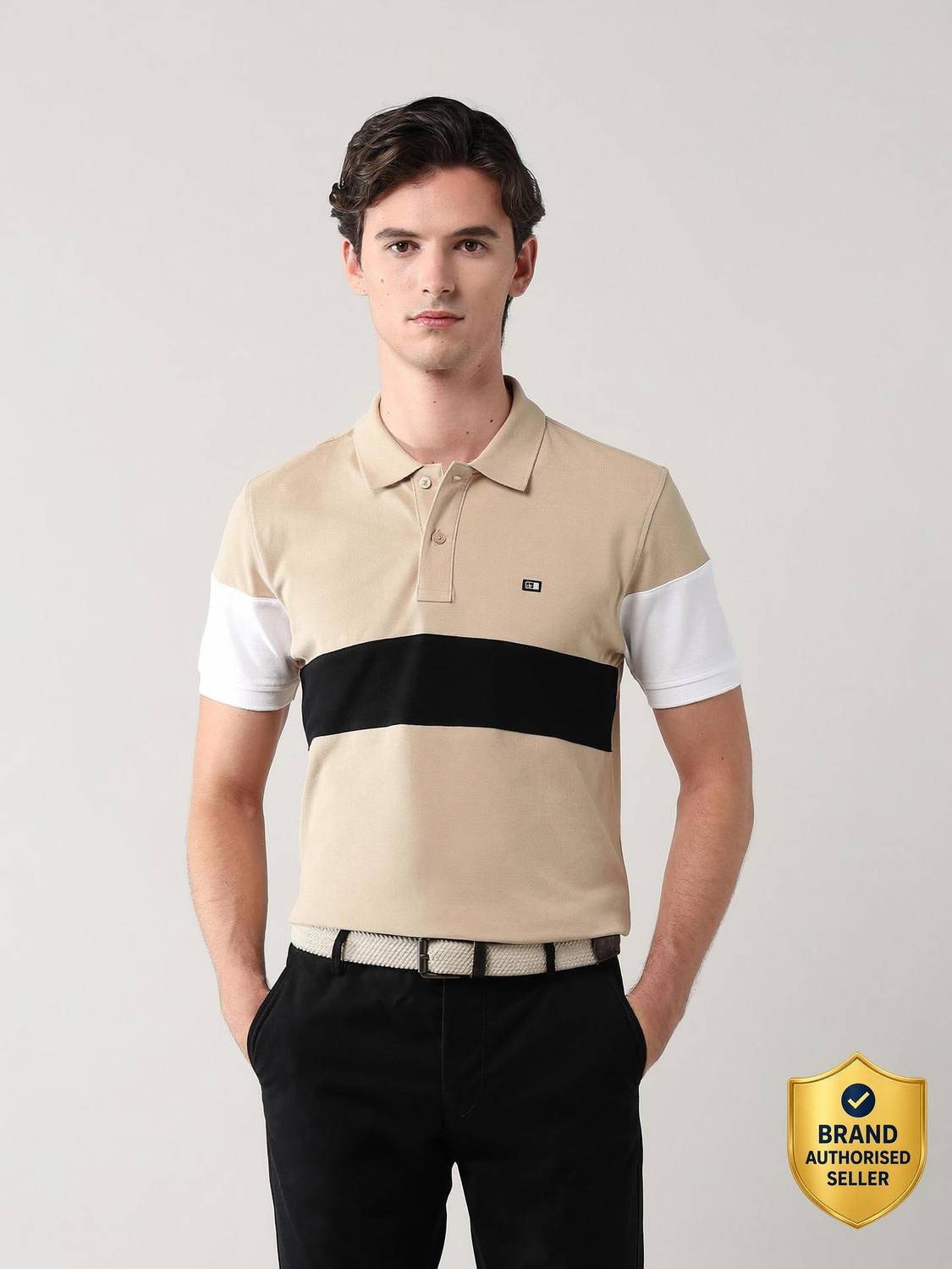 ARROW Solid Men Polo Neck Beige T-Shirt