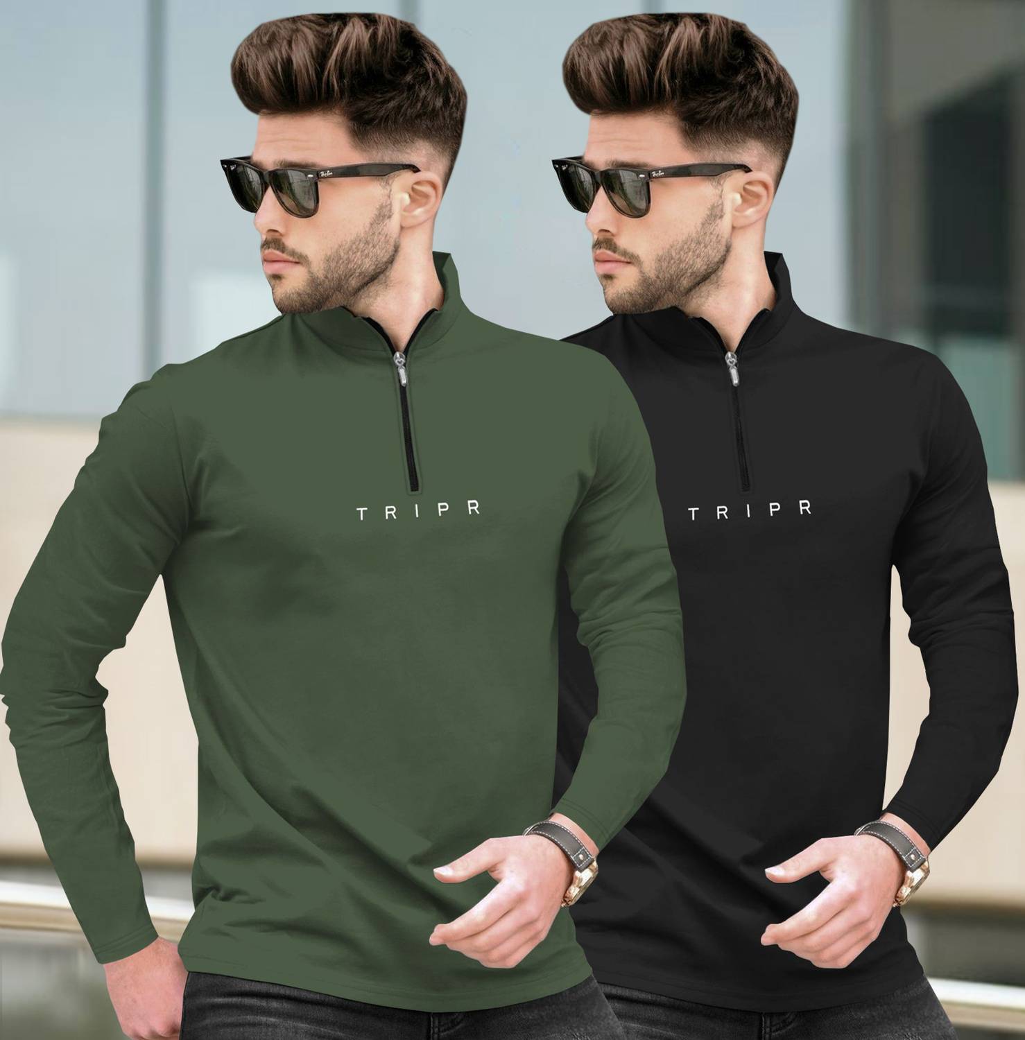 TRIPR Pack of 2 Men Solid Henley Neck Cotton Blend Dark Green, Bl