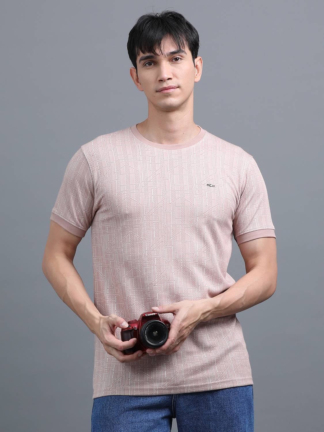 blue arc Self Design Men Round Neck Pink T-Shirt