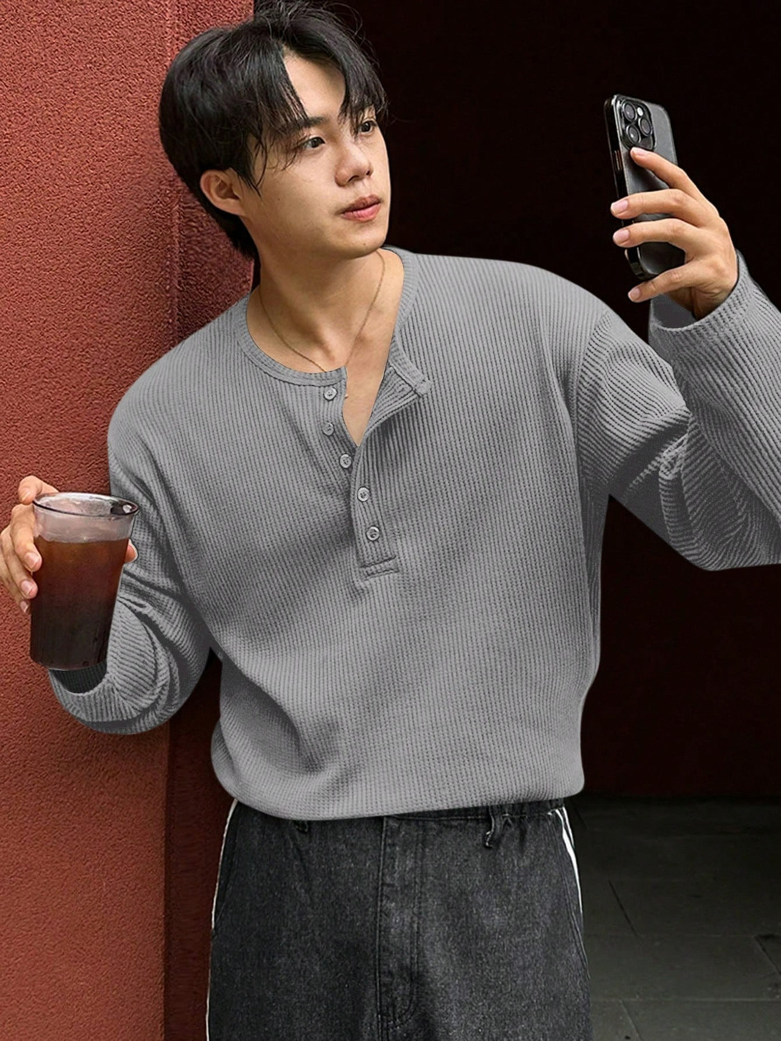 Image of The Modern Soul Solid Men Henley Neck Silver T-Shirt