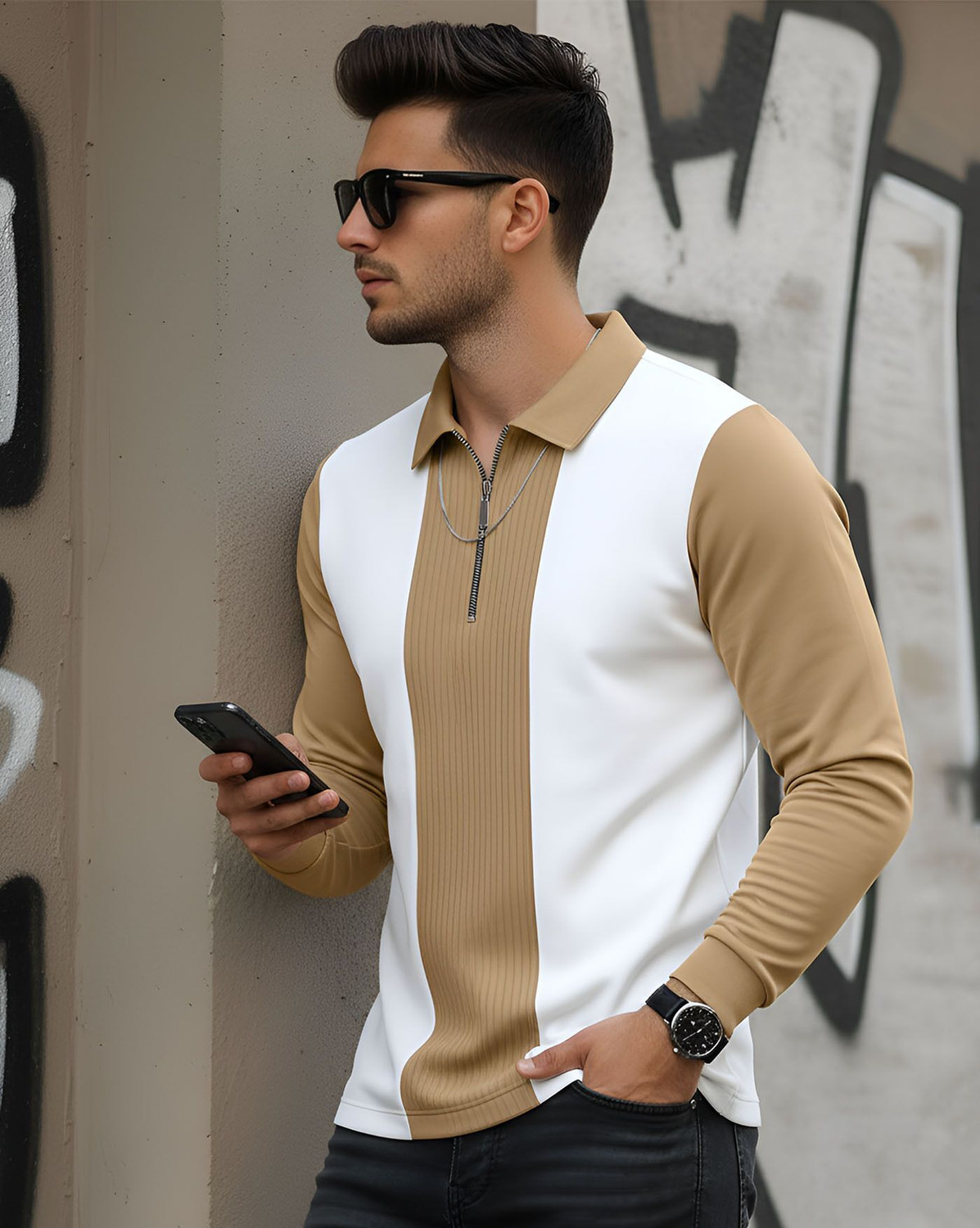 Image of AUSK Striped Men Zip Neck Beige, White T-Shirt
