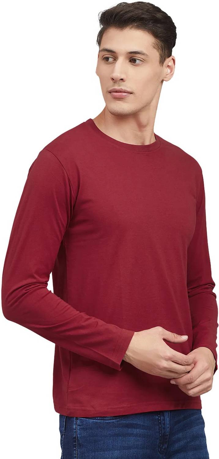 Organic Chics Solid Men Round Neck Maroon T-Shirt