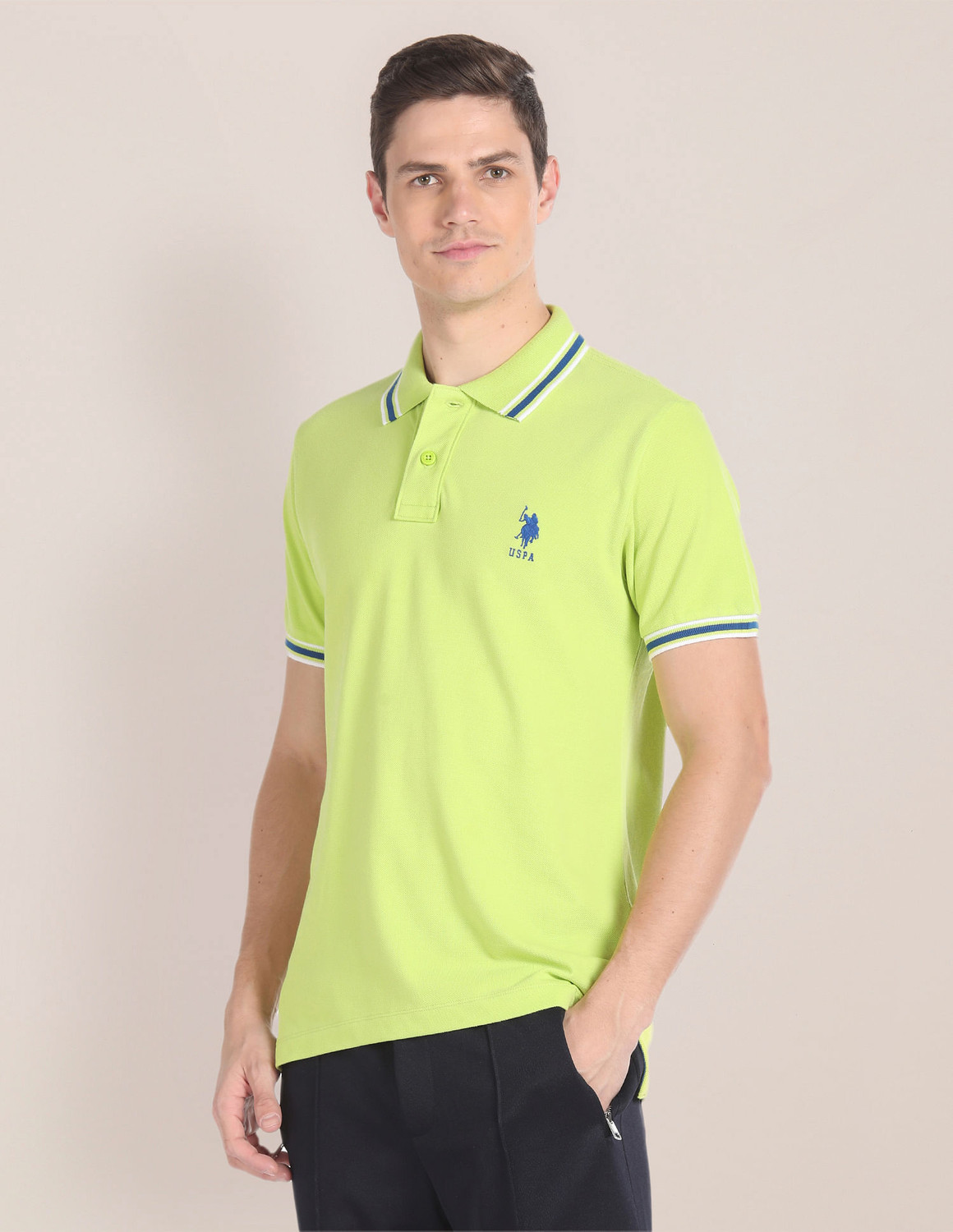 Image of U.S. POLO ASSN. Solid Men Polo Neck Green T-Shirt