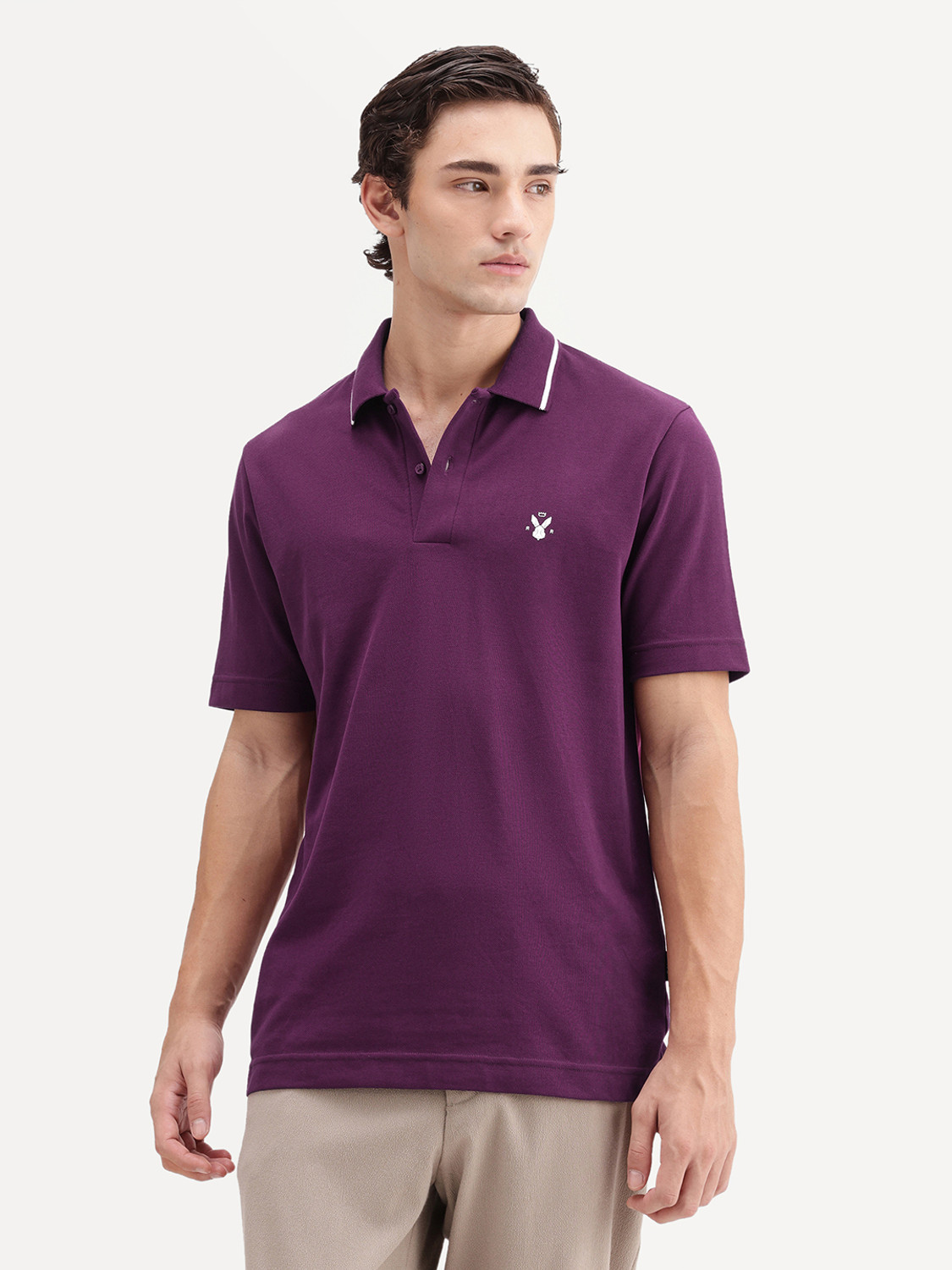 Image of RARE RABBIT Solid Men Polo Neck Purple T-Shirt