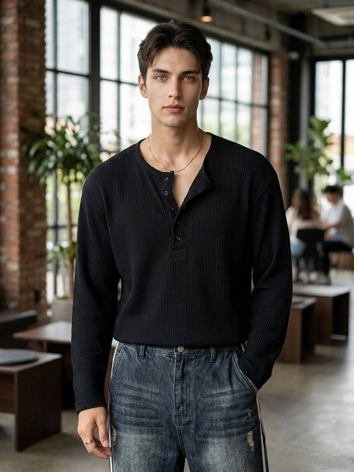 IMSA MODA Men Black Henley Neck T-Shirt - Image 1