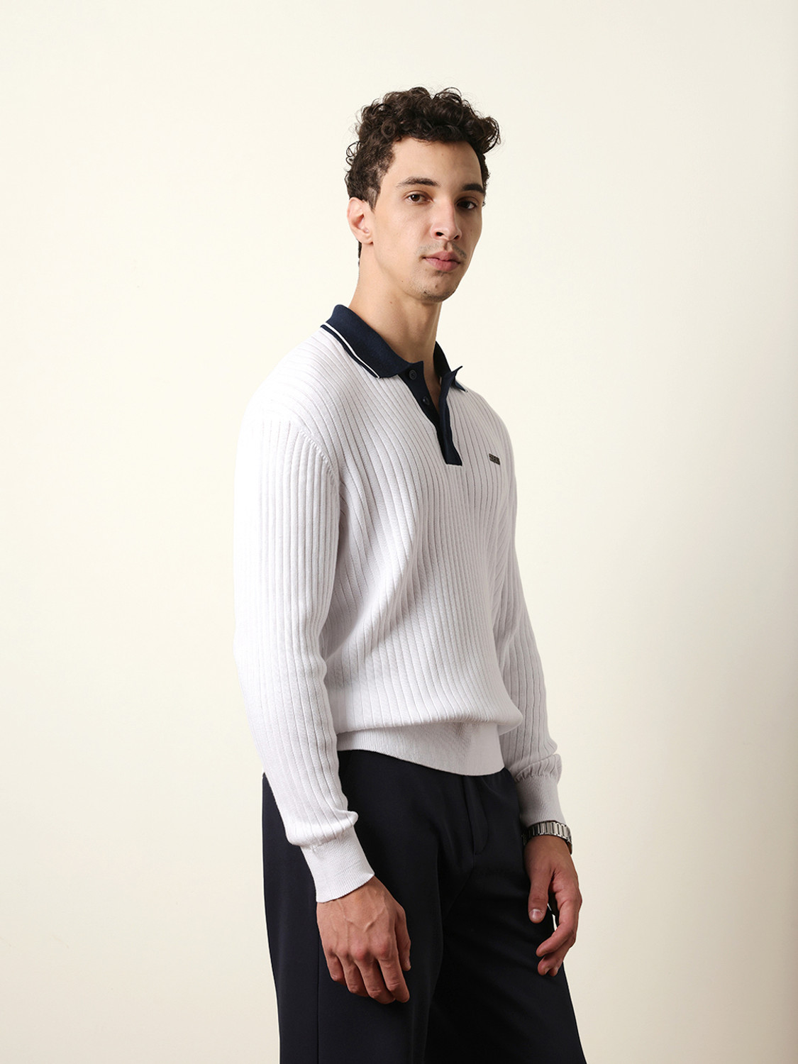 Image of THE BEAR HOUSE Striped Men Polo Neck White T-Shirt