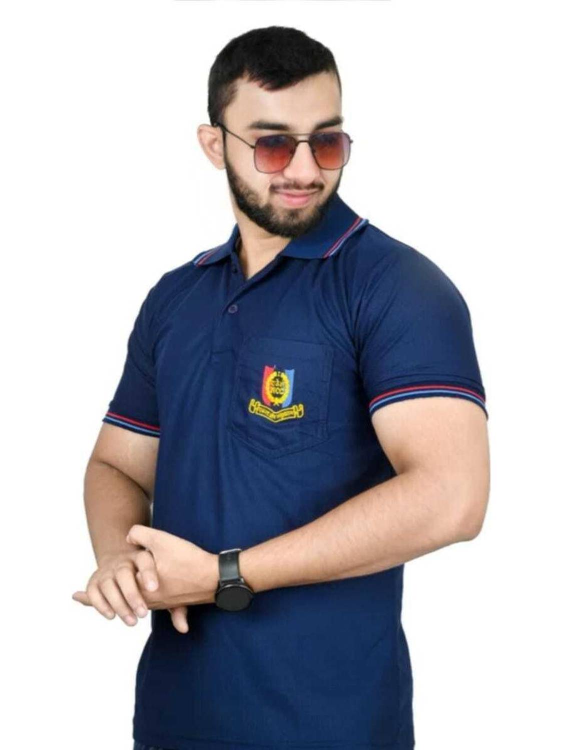 CAMOTAGE Solid, Embroidered, Printed, Striped Men Polo Neck Navy Blue T-Shirt