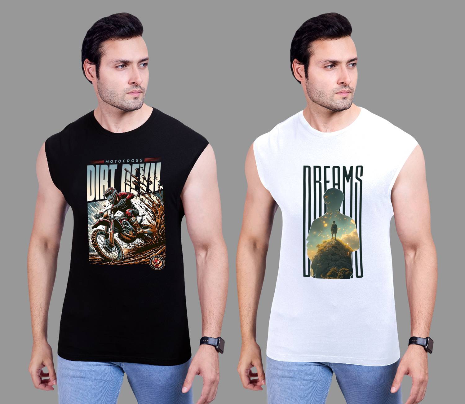 I&D Pack of 2 Men Graphic Print Round Neck Pure Cotton Multicolor