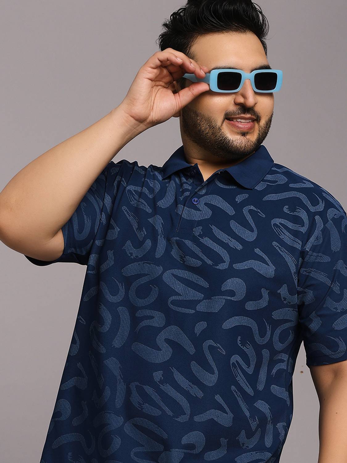 TIMBER HITCH Men Printed Polo Neck Polyester Blue T-Shirt