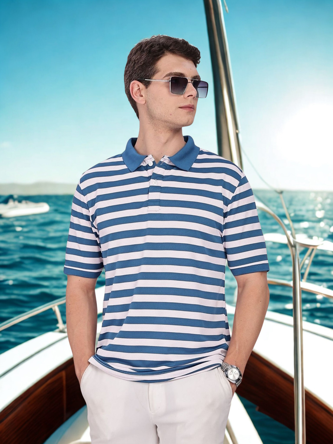 Image of Y.O.U - Youth Original Unique Striped Men Polo Neck Blue, White T-Shirt