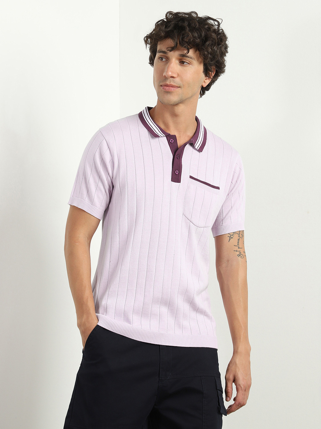 Image of NOBERO Self Design Men Polo Neck Pink T-Shirt