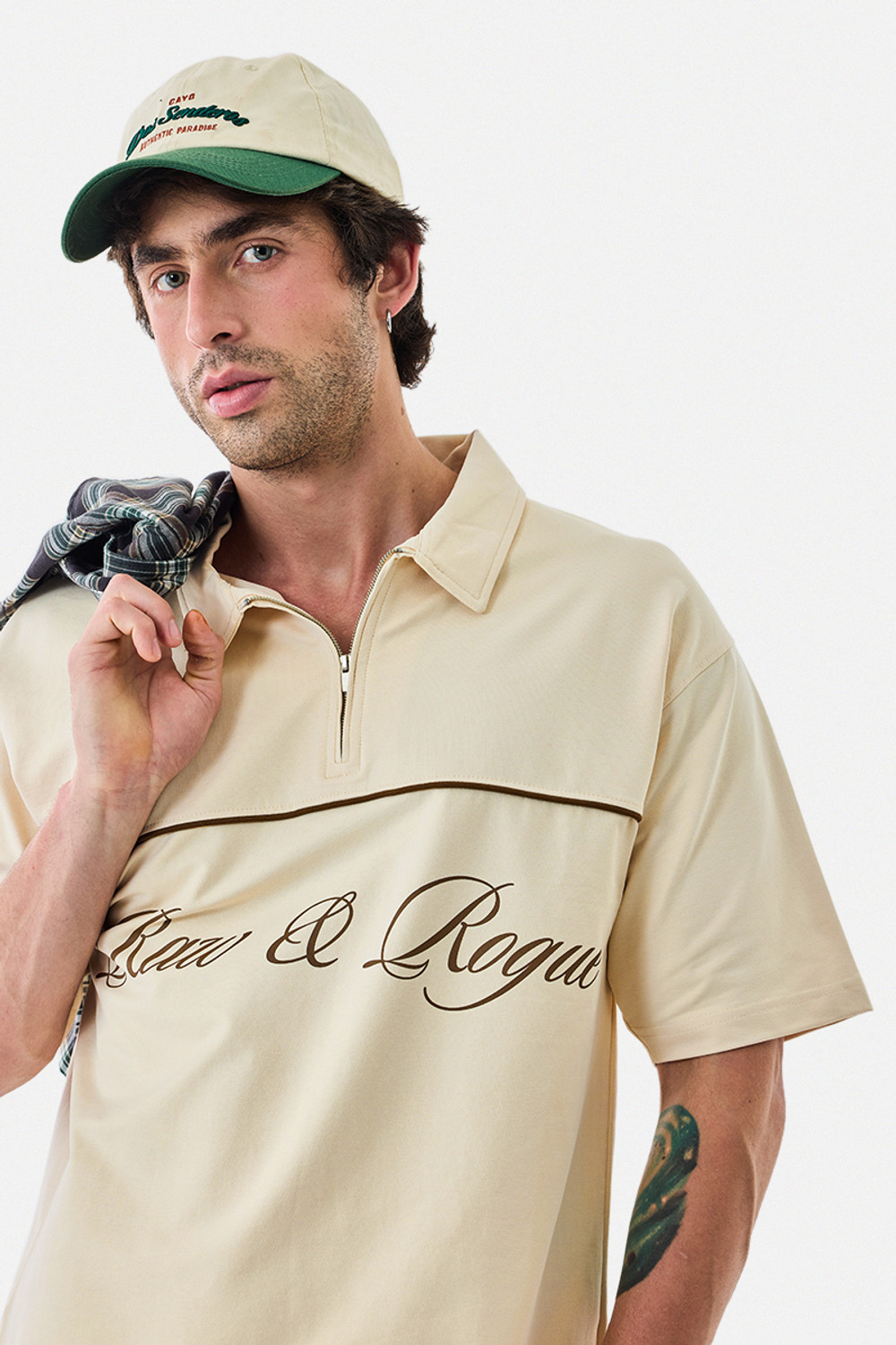 Image of Snitch Printed Men Zip Neck Beige T-Shirt