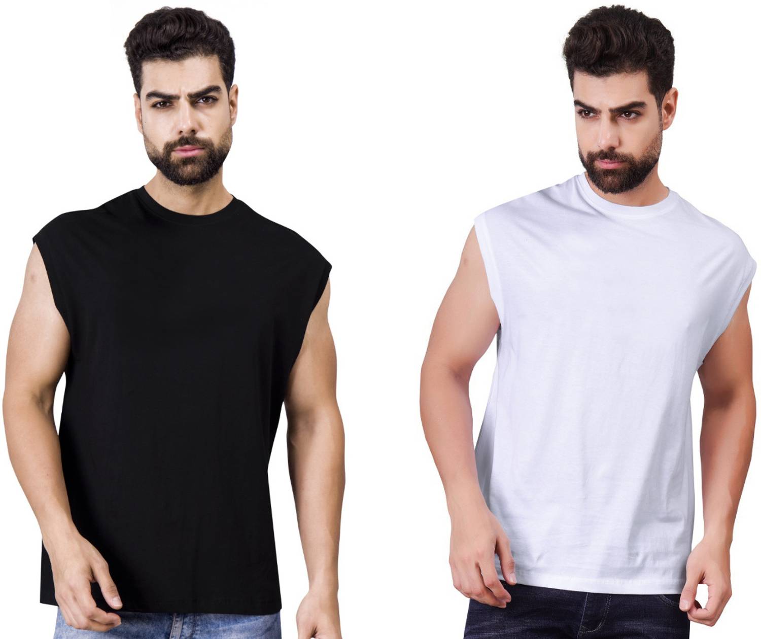 I&D Pack of 2 Men Solid Round Neck Pure Cotton Multicolor T-Shirt