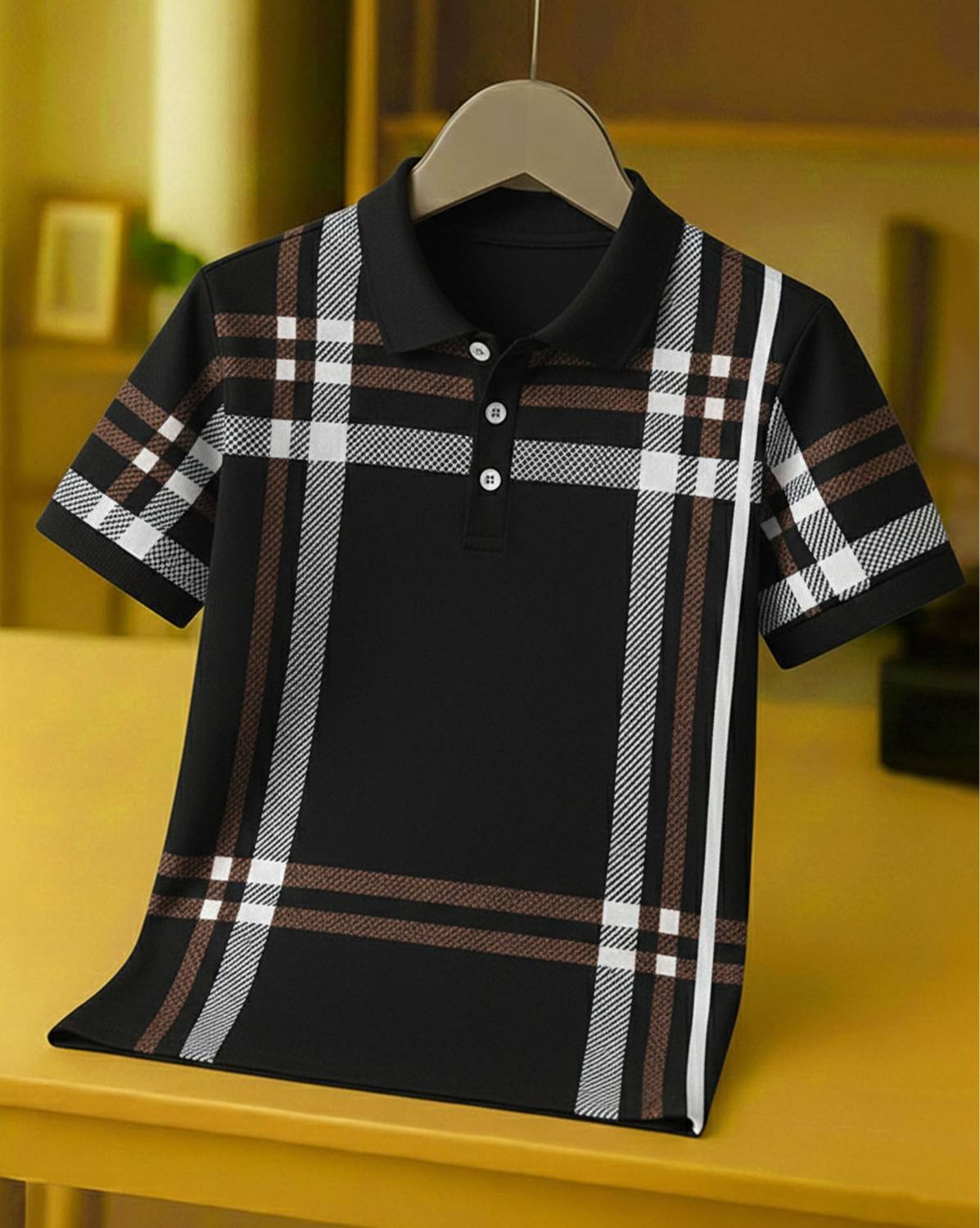 AUSK Checkered Men Polo Neck Black, White T-Shirt
