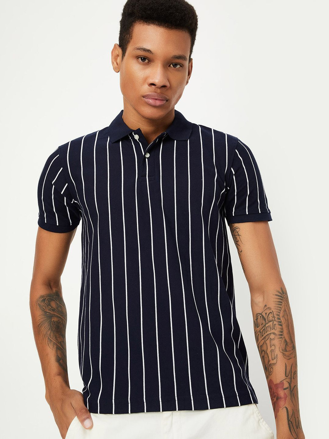 Image of MAX Striped Men Round Neck Blue T-Shirt