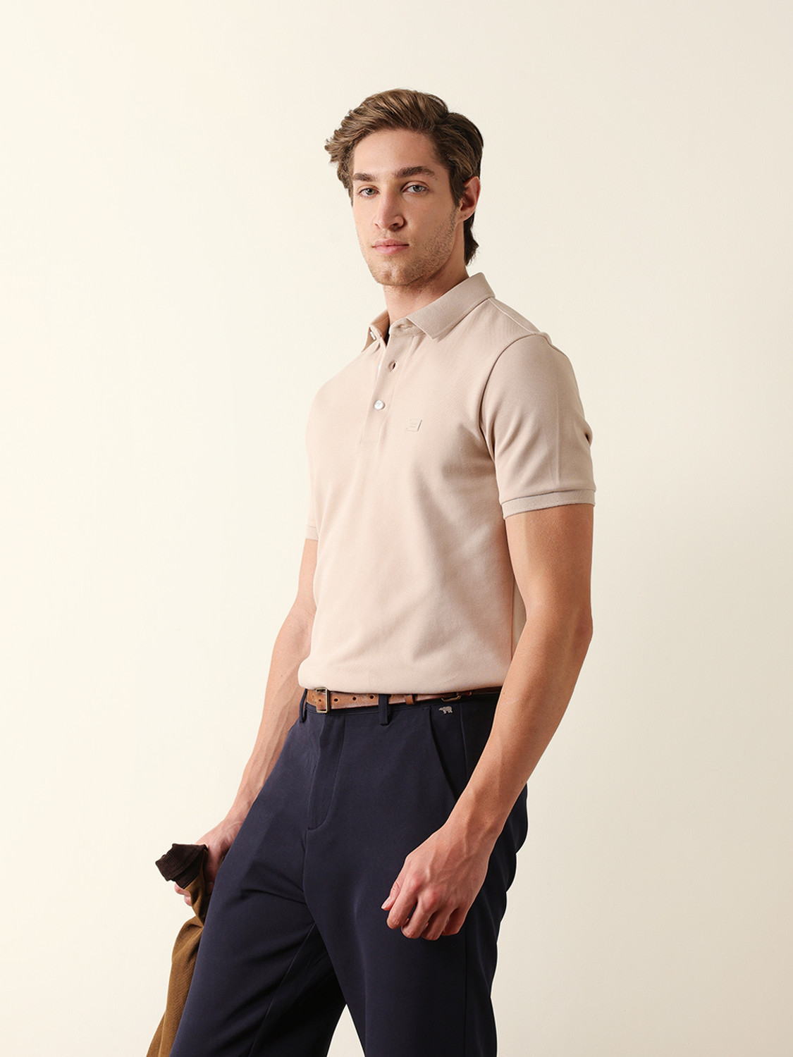 Image of THE BEAR HOUSE Solid Men Polo Neck Beige T-Shirt