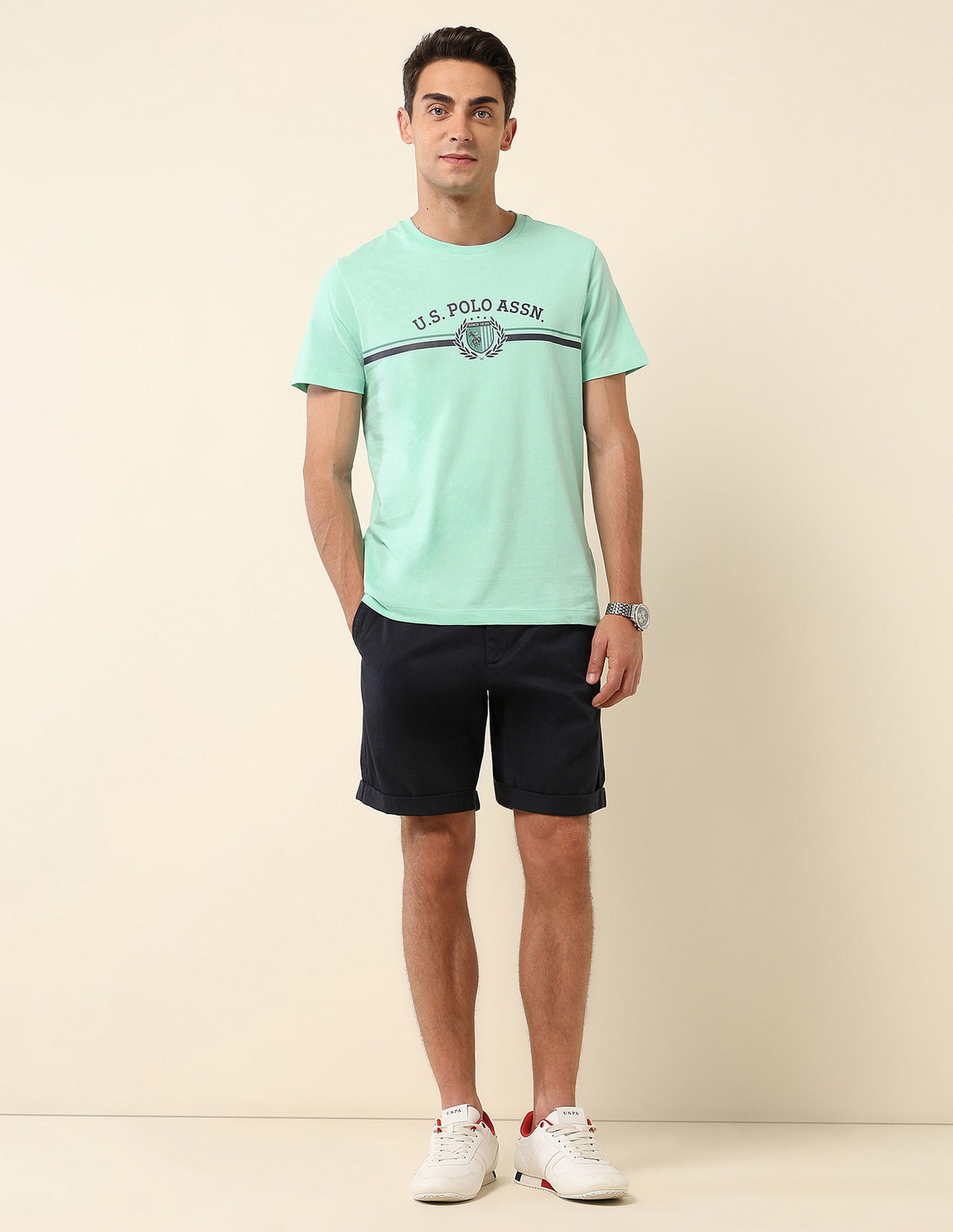 Image of U.S. POLO ASSN. Solid Men Round Neck Light Green T-Shirt