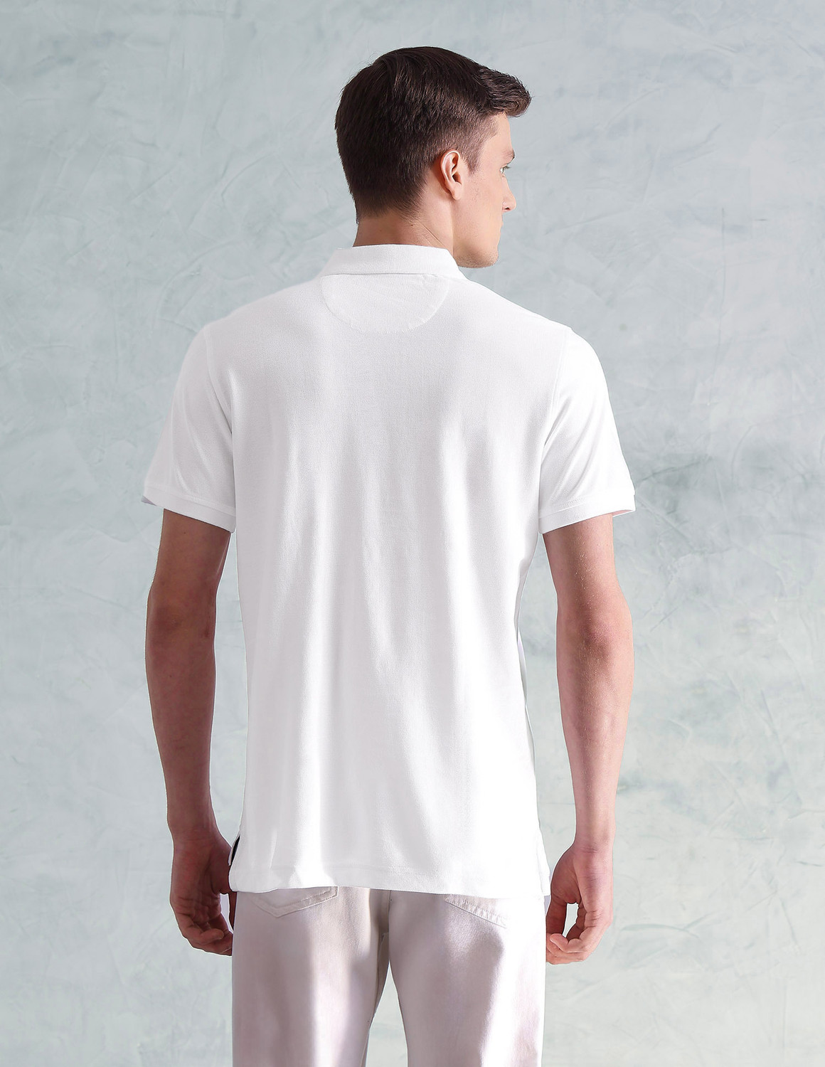 Image of Arrow Sport Men Striped Polo Neck Cotton Blend White T-Shirt
