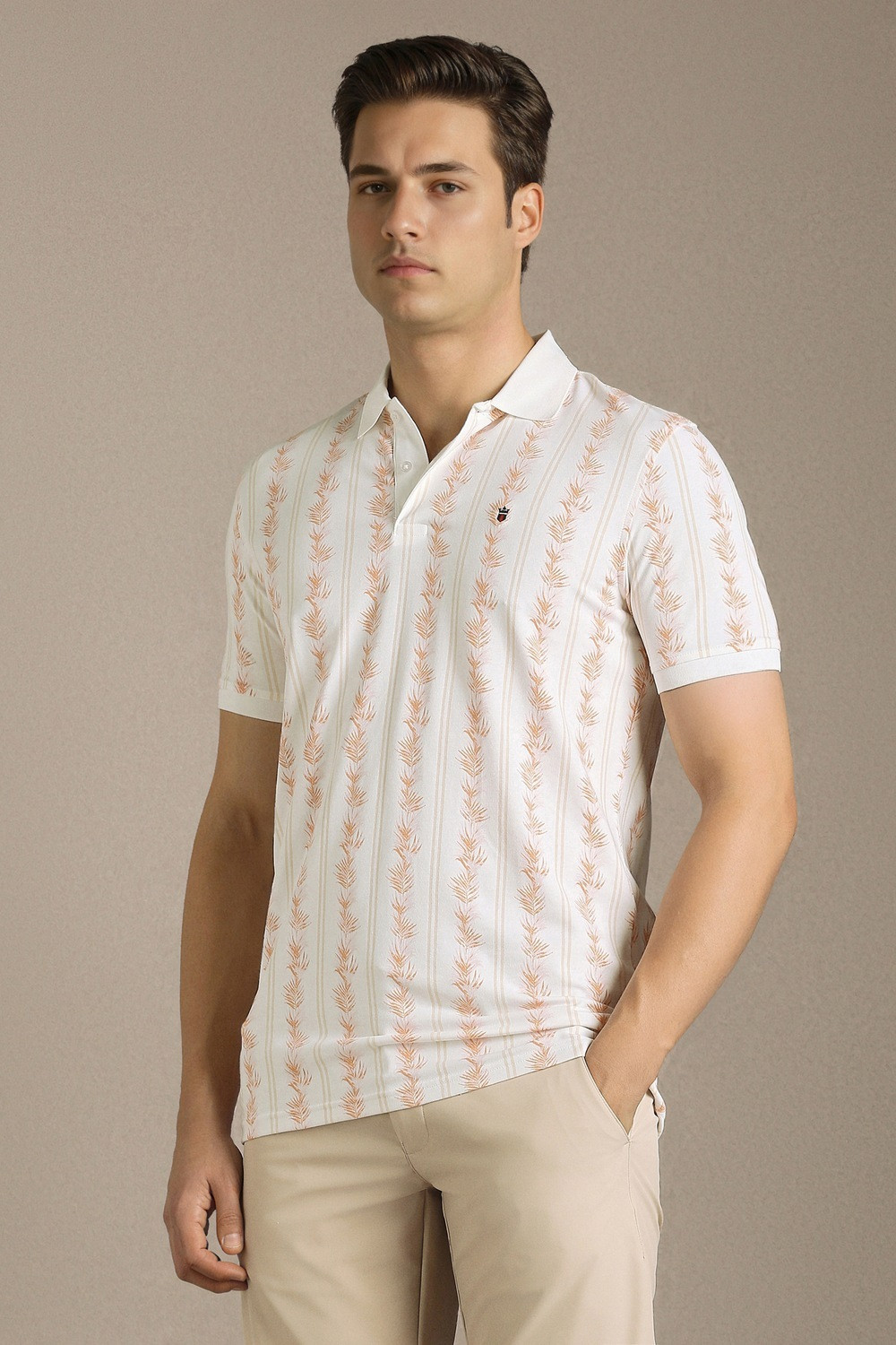 Image of LOUIS PHILIPPE Men Printed Polo Neck Cotton Blend White T-Shirt