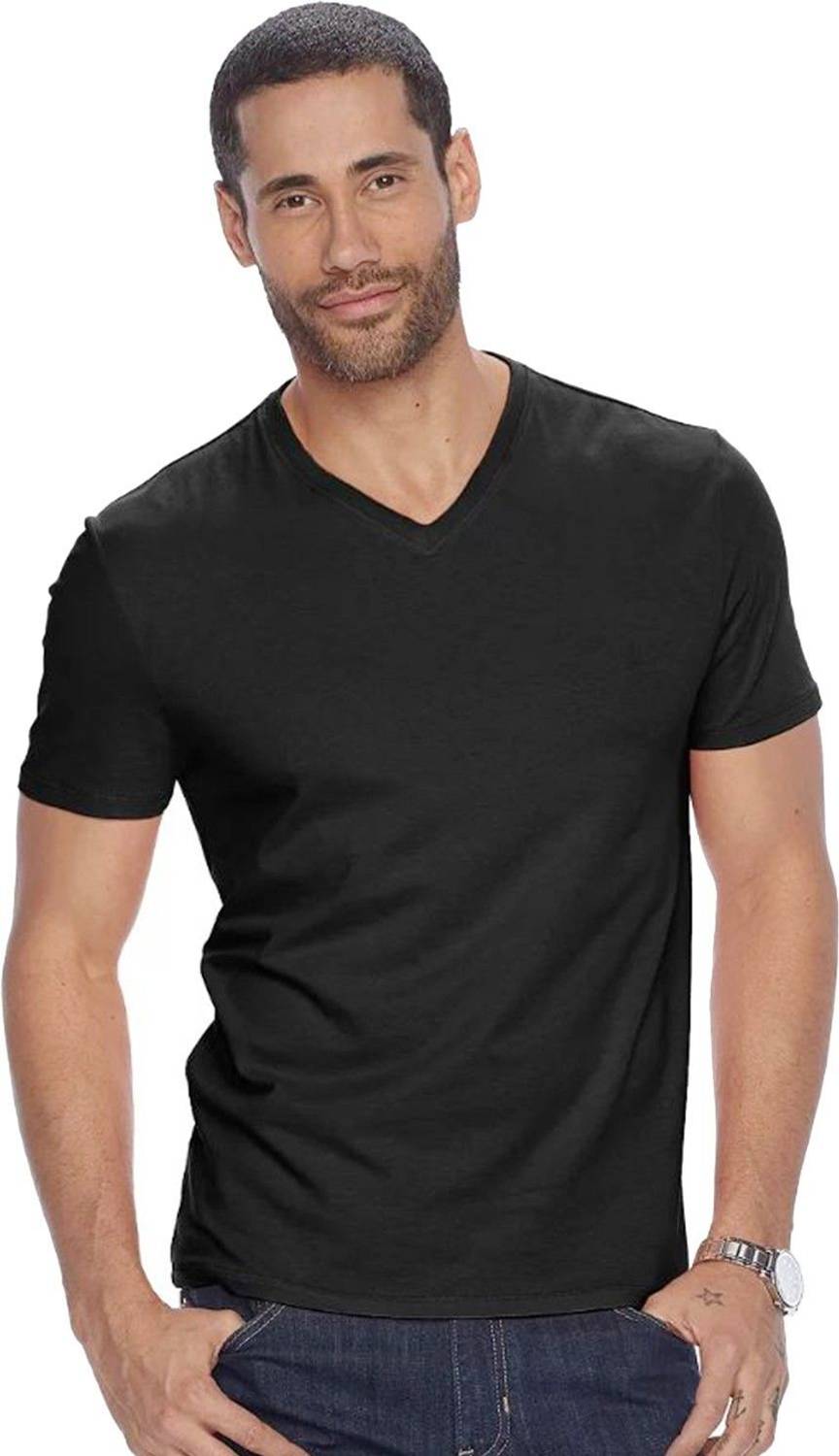 ADRO Men Solid V Neck Cotton Blend Black T-Shirt