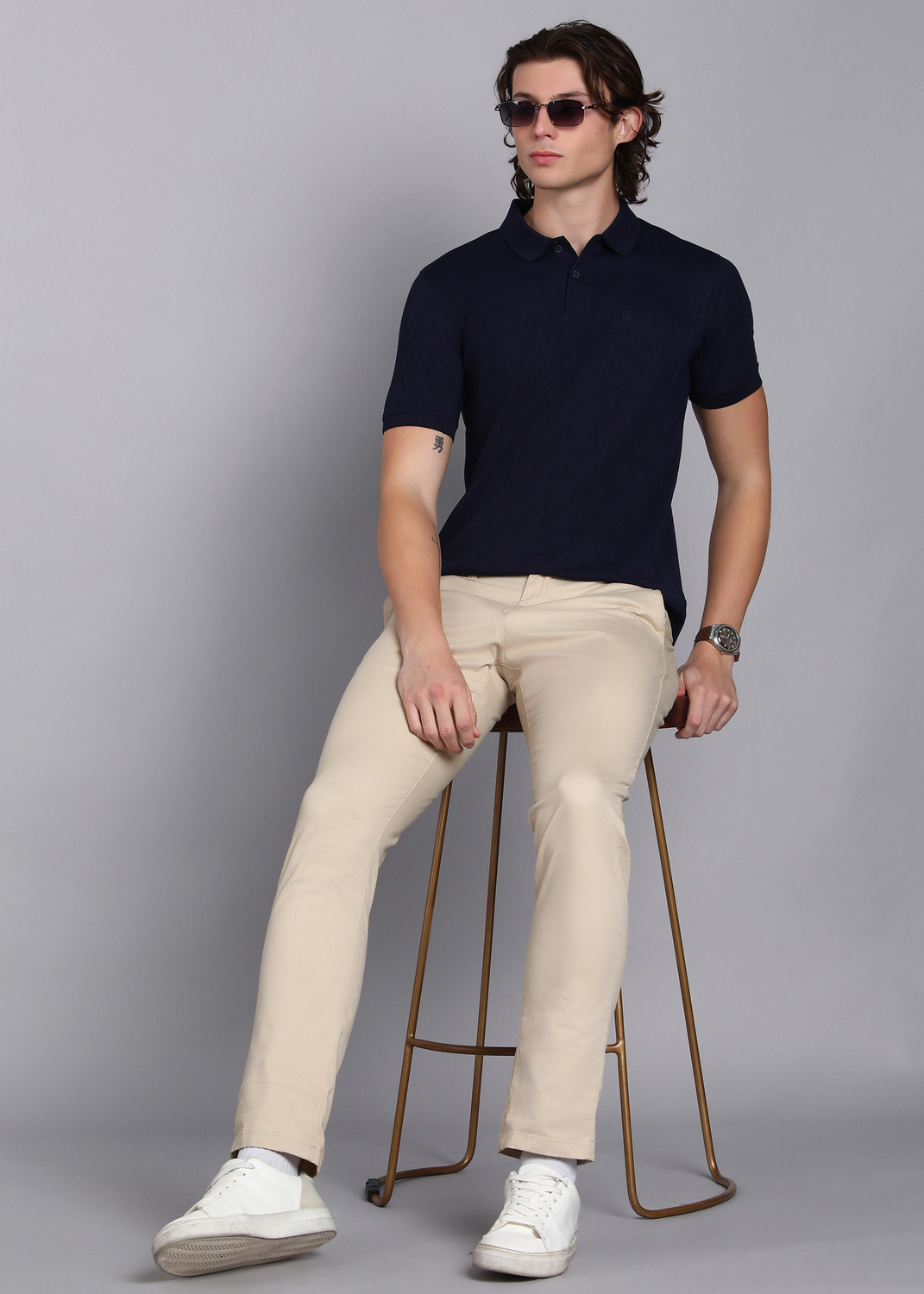 Image of PETER ENGLAND Solid Men Polo Neck Grey T-Shirt