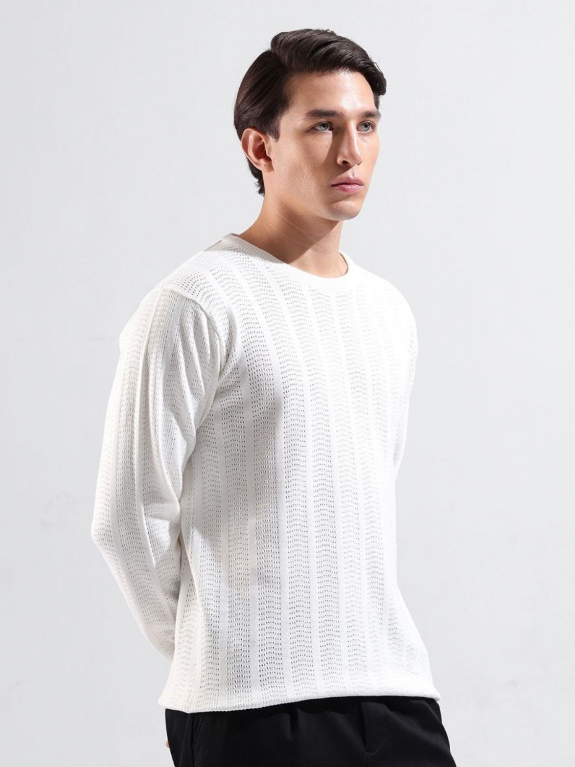 Image of The Indian Garage Co. Men Self Design Crew Neck Pure Cotton White T-Shirt