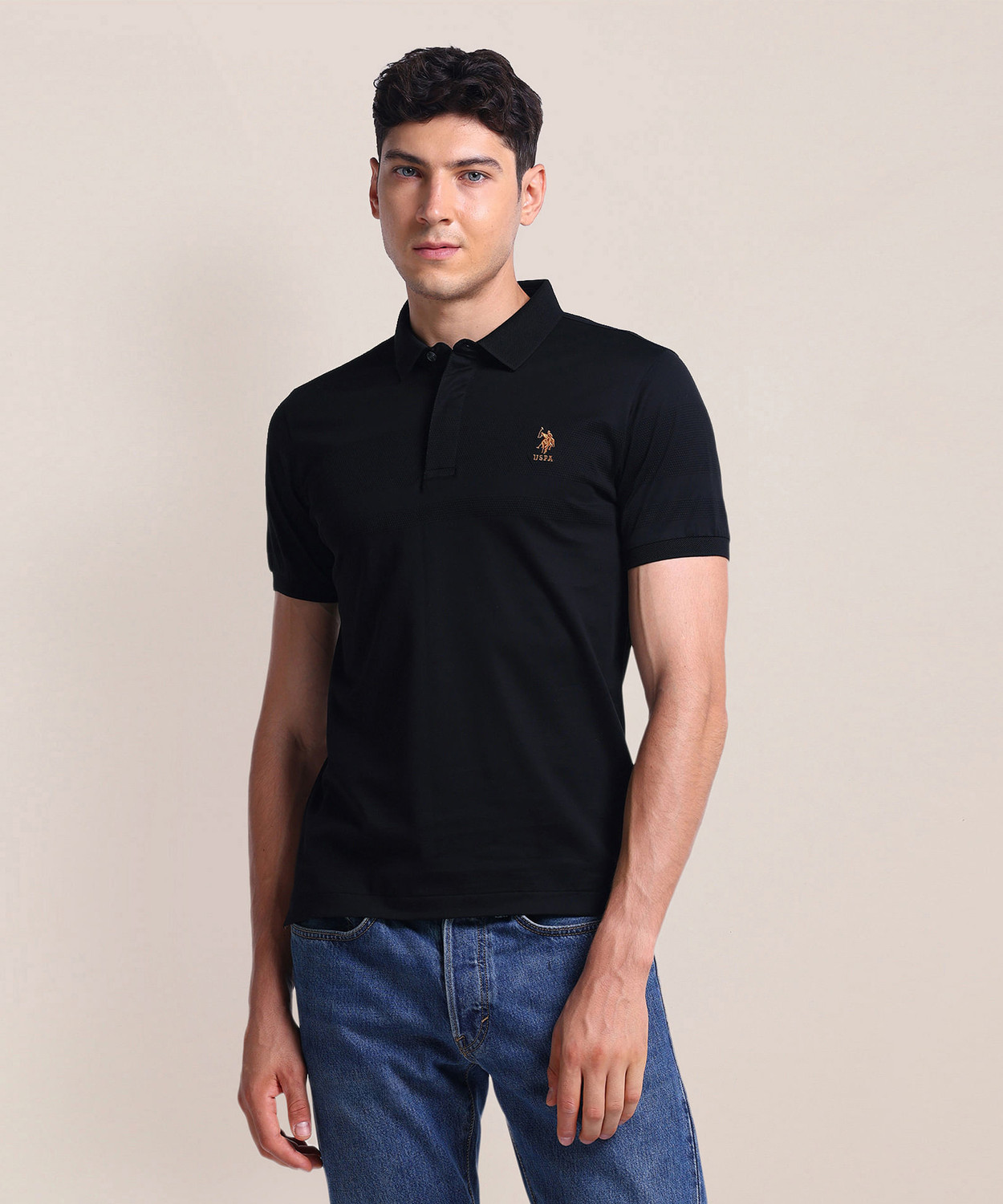 Image of U.S. POLO ASSN. Men Solid Polo Neck Cotton Blend Black T-Shirt