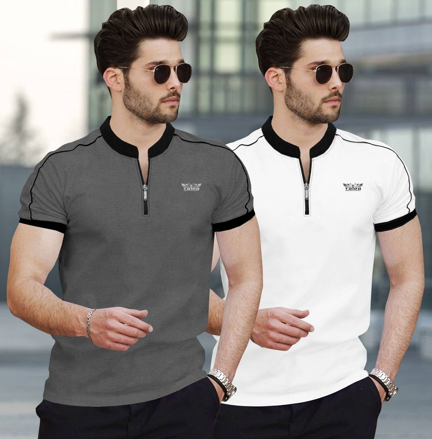 TRIPR Pack of 2 Men Solid Mandarin Collar Cotton Blend Grey, Whit