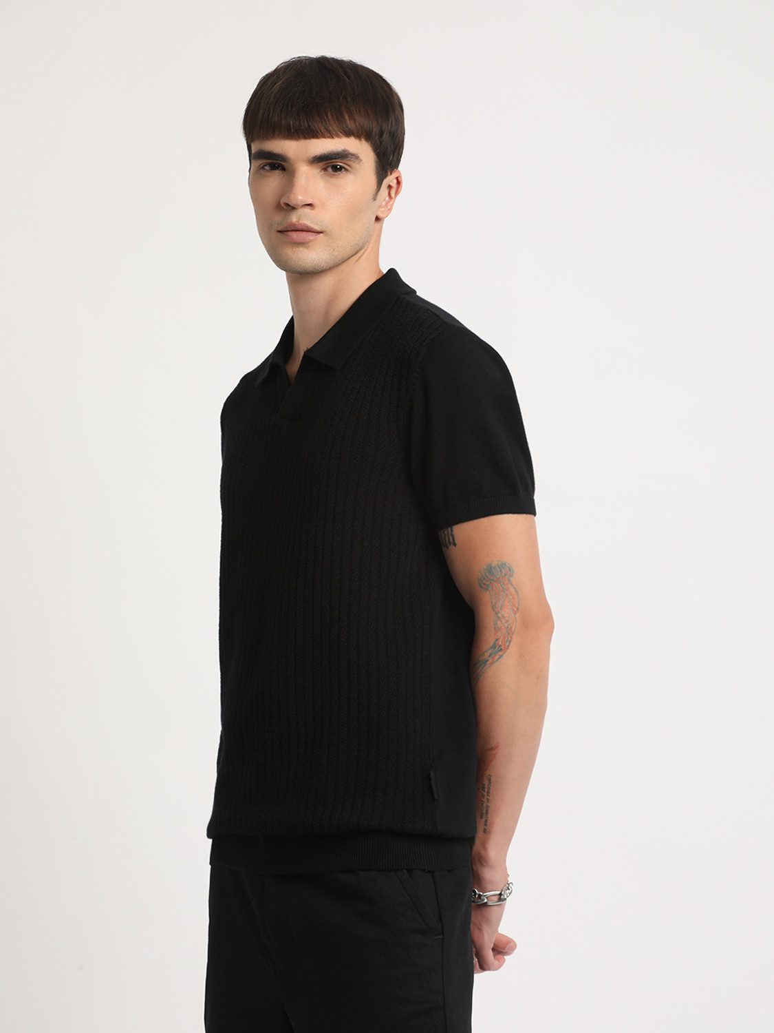 Image of THE BEAR HOUSE Self Design Men Polo Neck Black T-Shirt