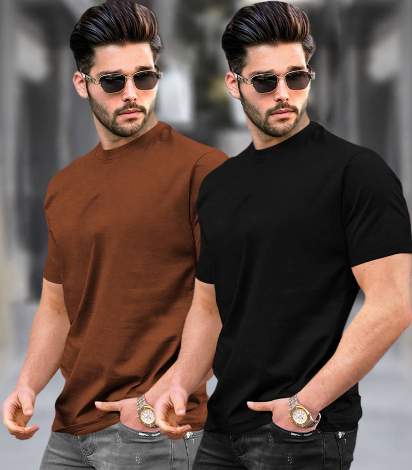 TRIPR Pack of 2 Men Solid Round Neck Cotton Blend Multicolor T-Sh