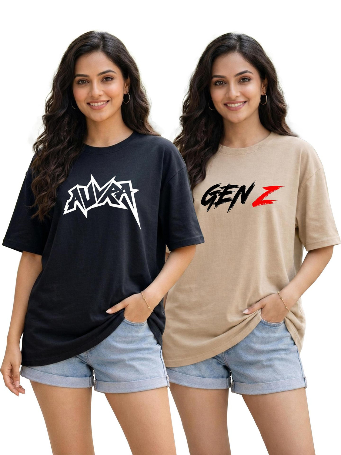 EAGLE NEST Graphic Print Women Round Neck Black, Beige T-Shirt