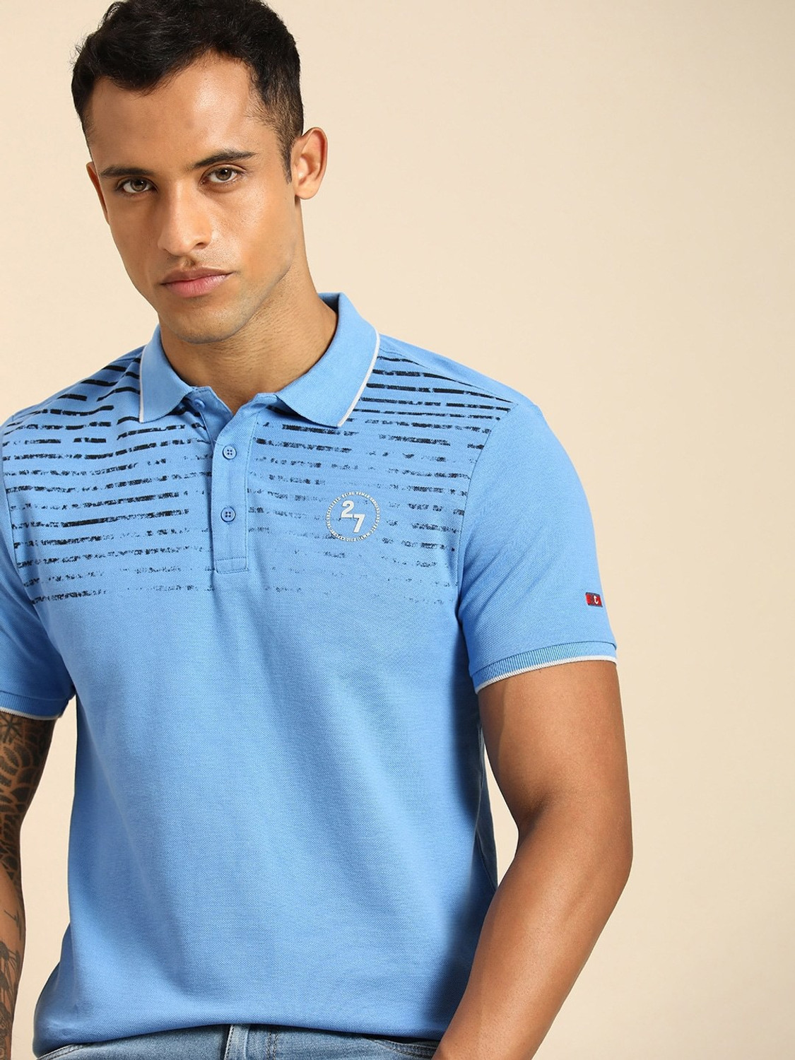 Image of BEING HUMAN Striped Men Polo Neck Blue T-Shirt