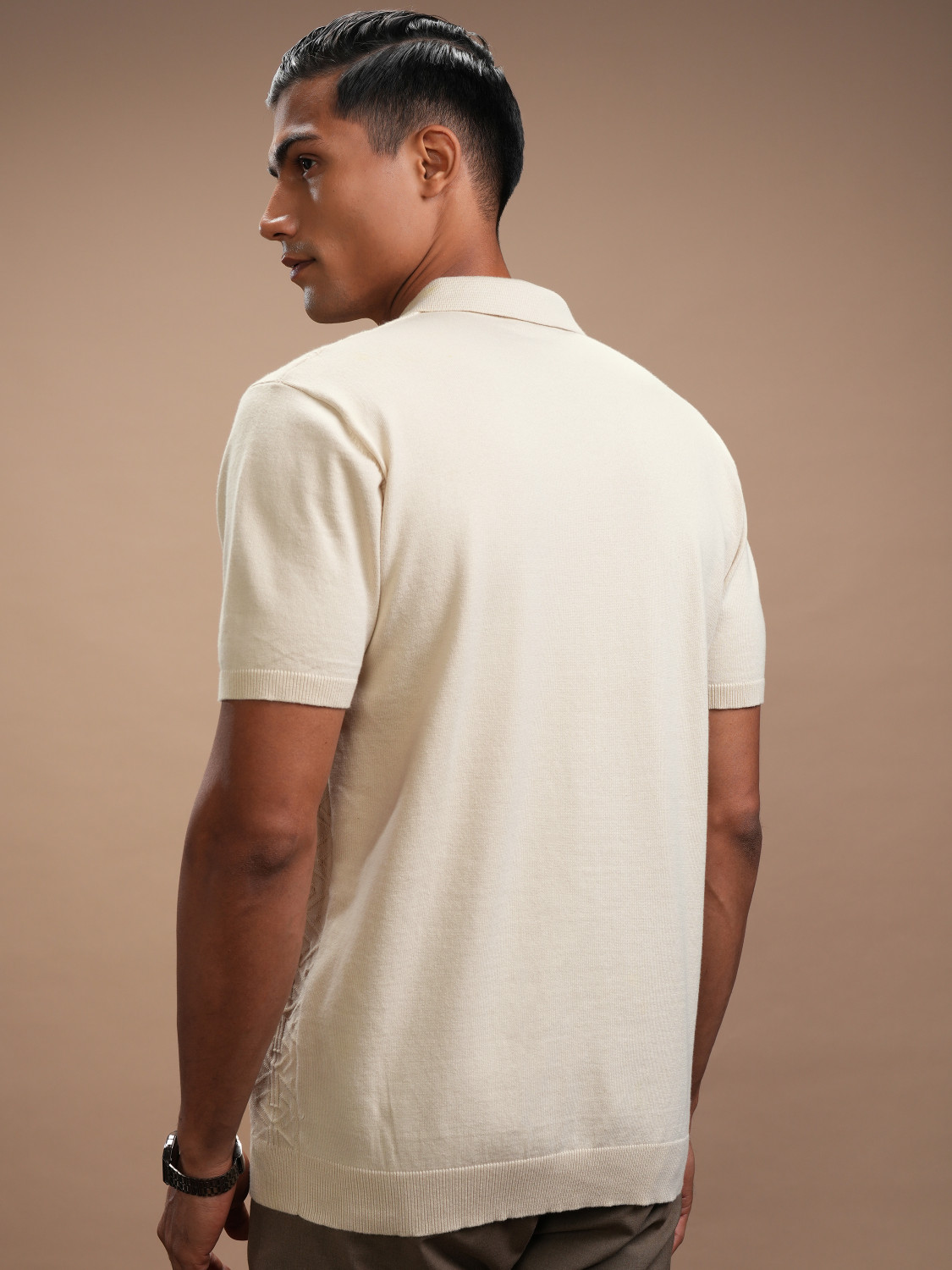 Image of HIGHLANDER Self Design Men Polo Neck Beige T-Shirt
