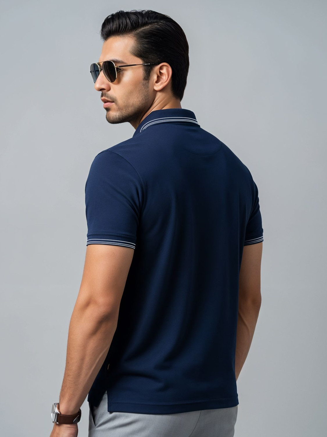 Image of ADRO Solid Men Polo Neck Navy Blue T-Shirt
