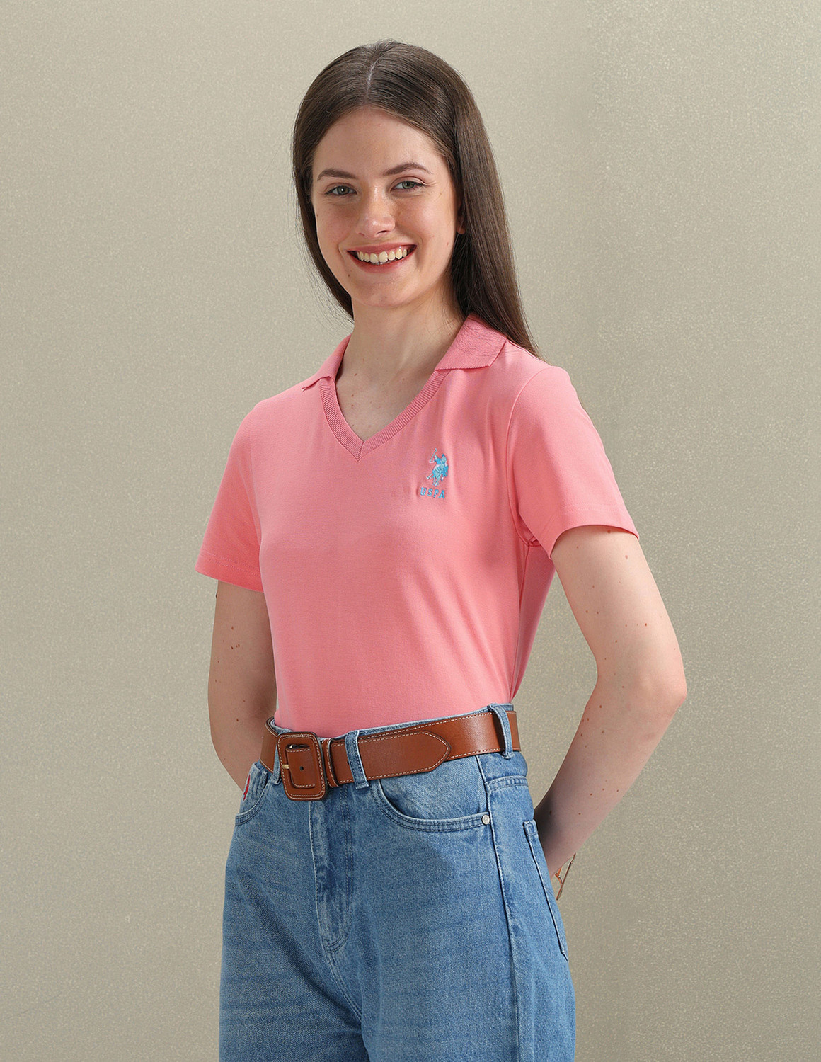 Image of U.S. POLO ASSN. Solid Women Polo Neck Pink T-Shirt